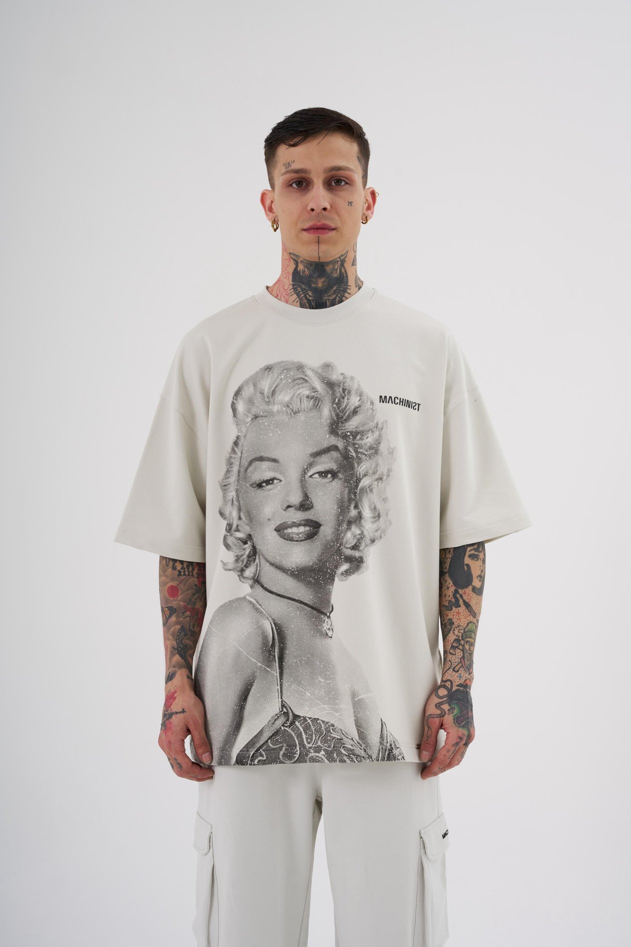 Erkek Marilyn Monrou Baskılı Oversize Gri Tişört