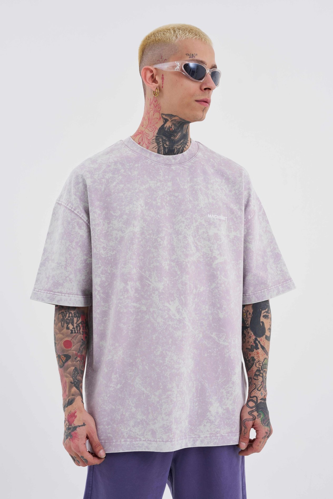 Erkek Luxury Basic Yıkamalı Oversize Lila Spotted Tişört