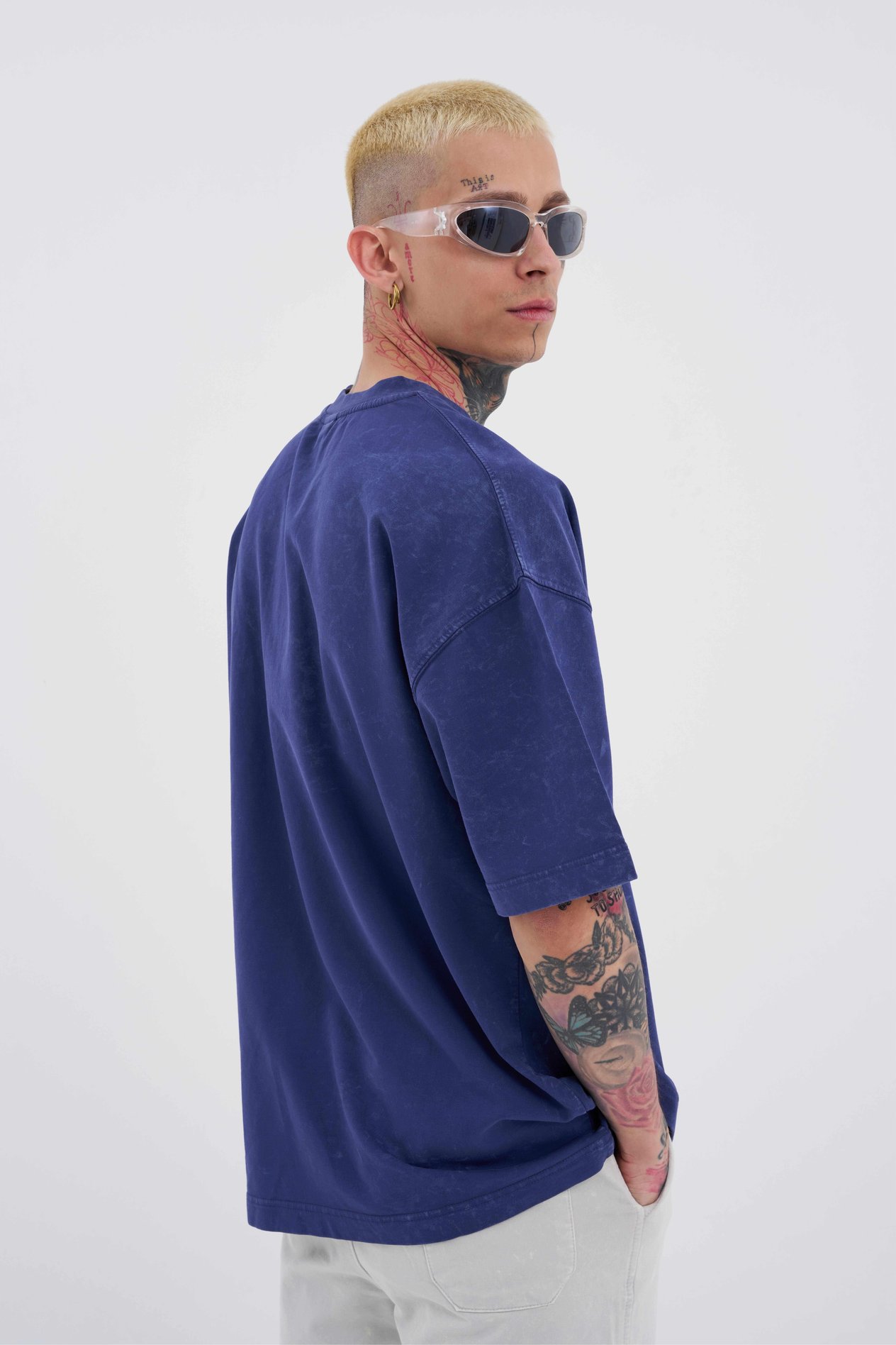 Unisex Luxury Basic Yıkamalı Oversize Lacivert Spotted Tişört