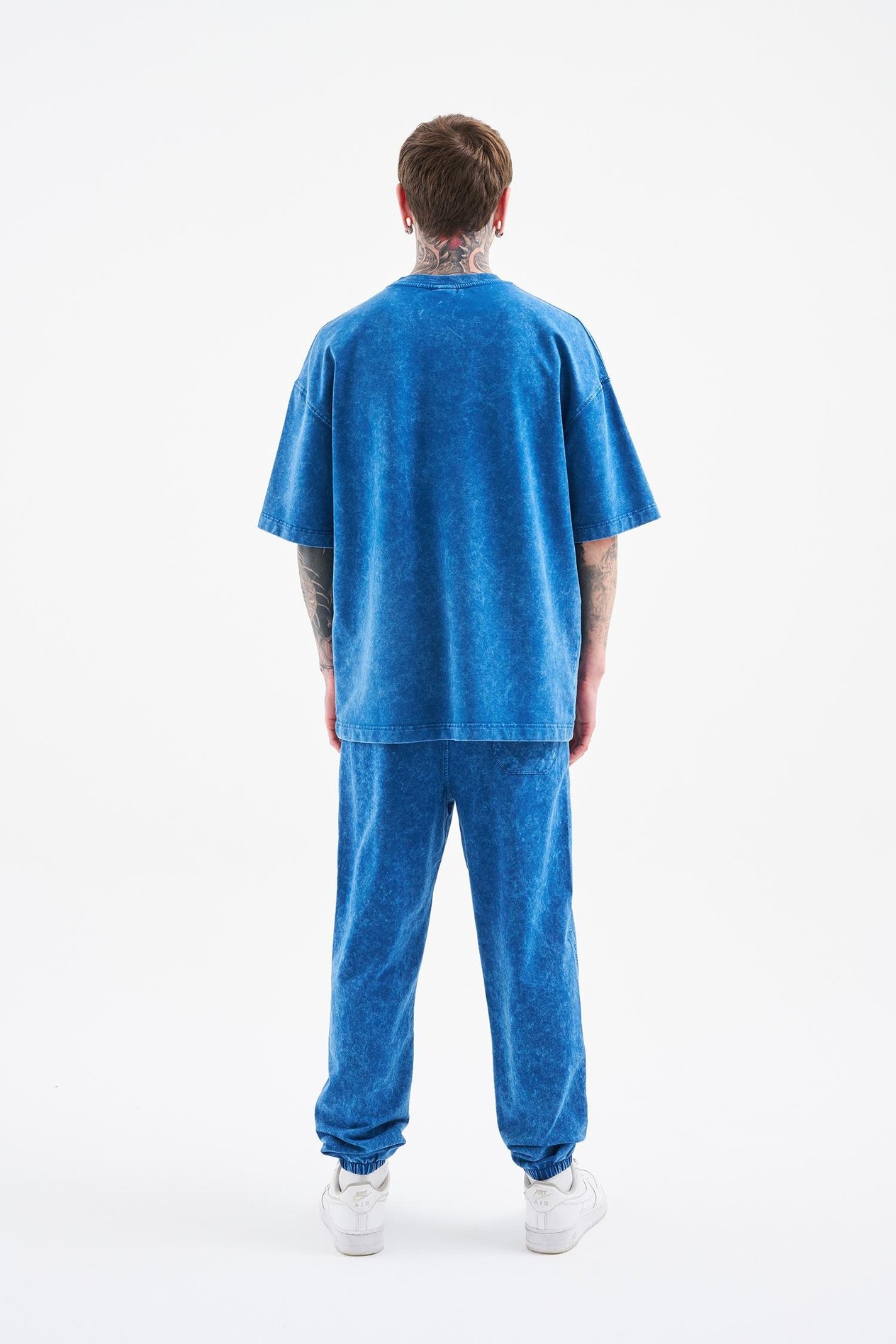 Unisex Luxury Basic Yıkamalı Oversize İndigo Spotted Tişört