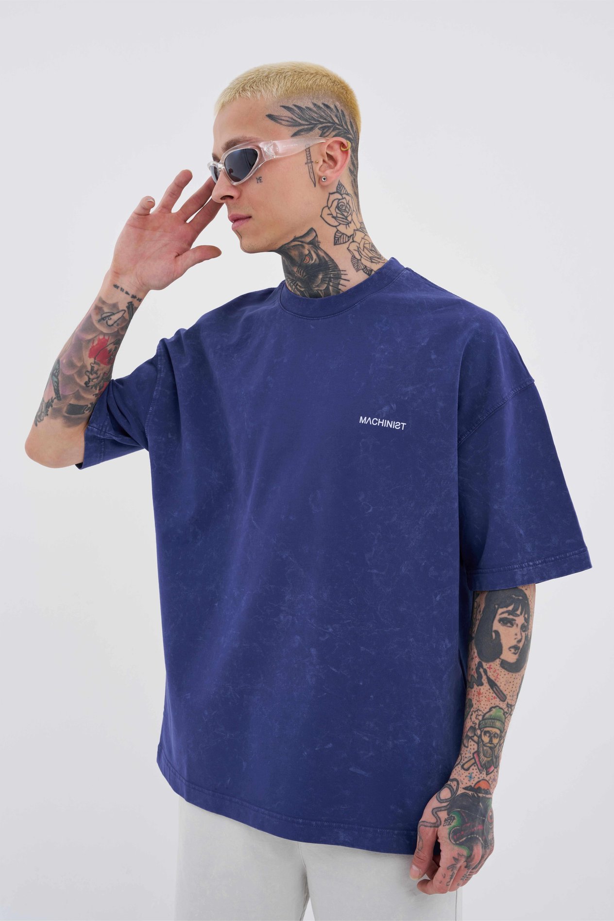 Unisex Luxury Basic Yıkamalı Oversize Lacivert Spotted Tişört