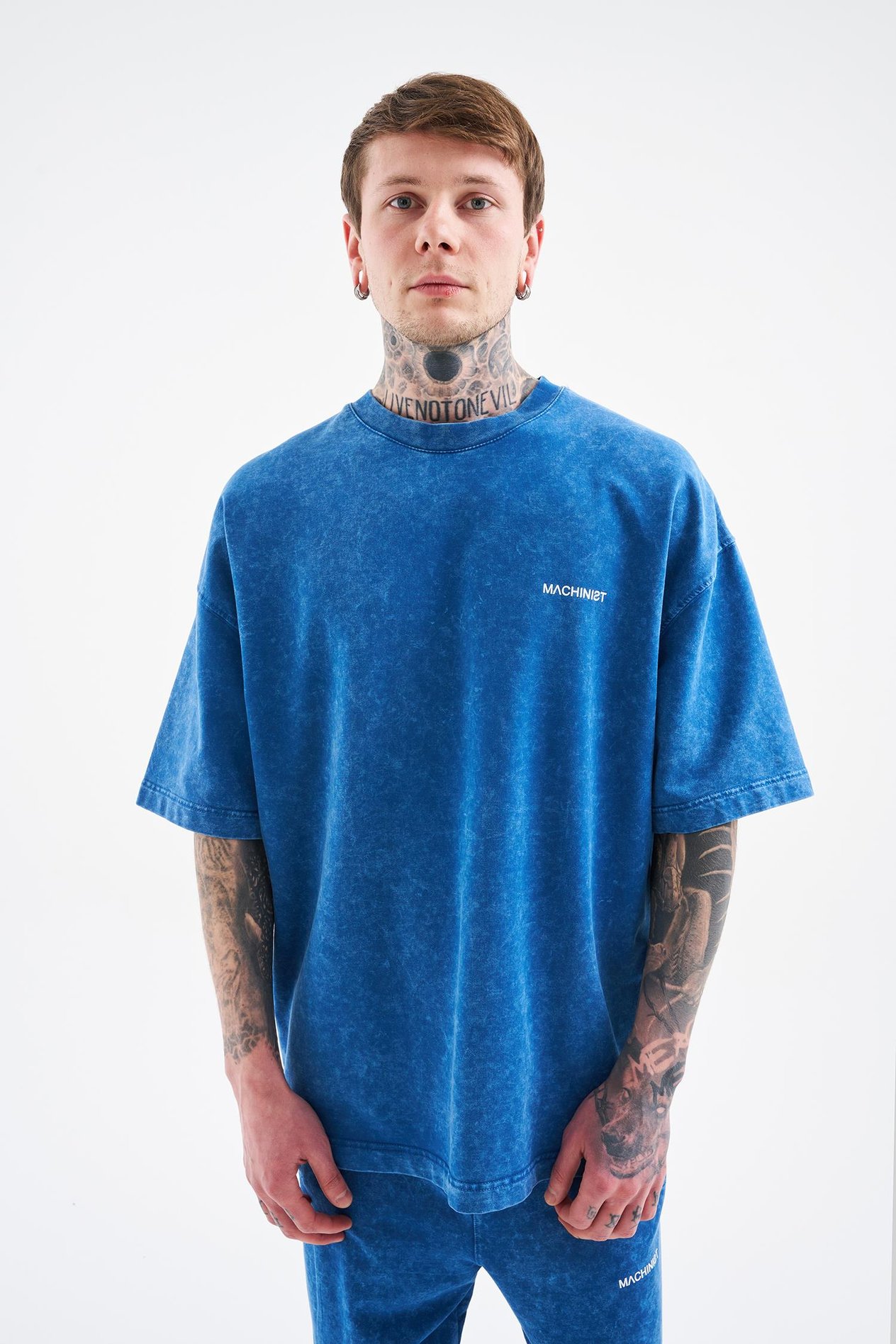 Unisex Luxury Basic Yıkamalı Oversize İndigo Spotted Tişört
