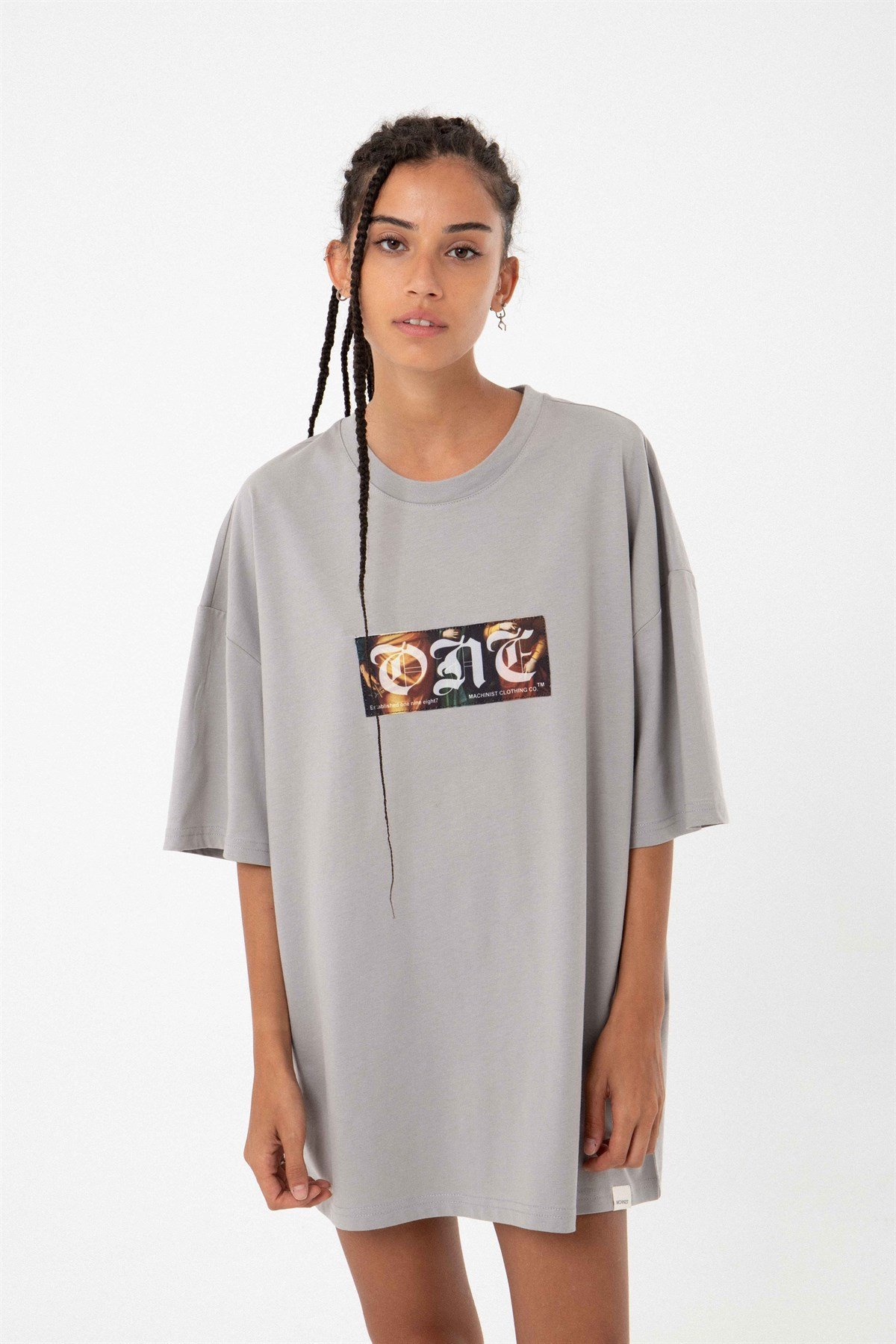 Oversize Old School One Ice Gri Pamuklu Kadın T-Shirt