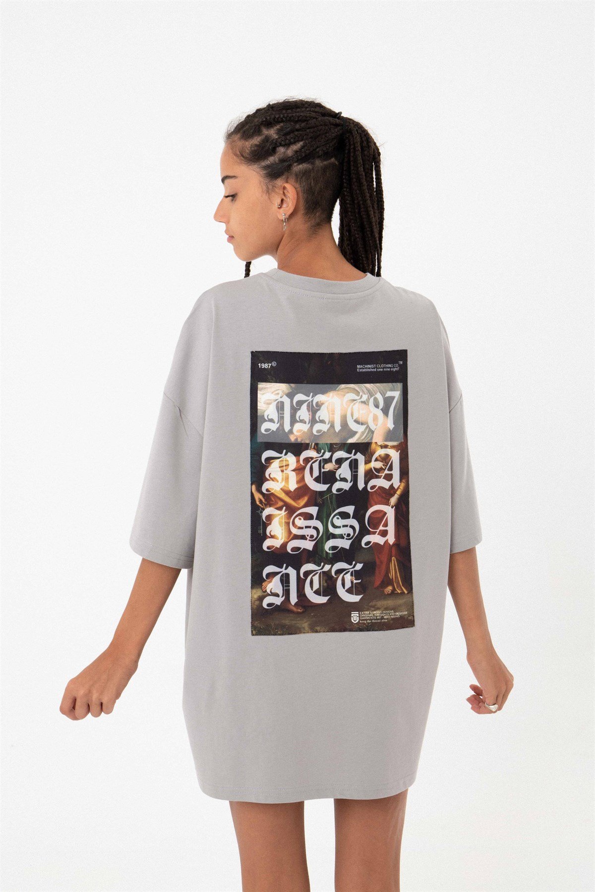 Oversize Old School One Ice Gri Pamuklu Kadın T-Shirt