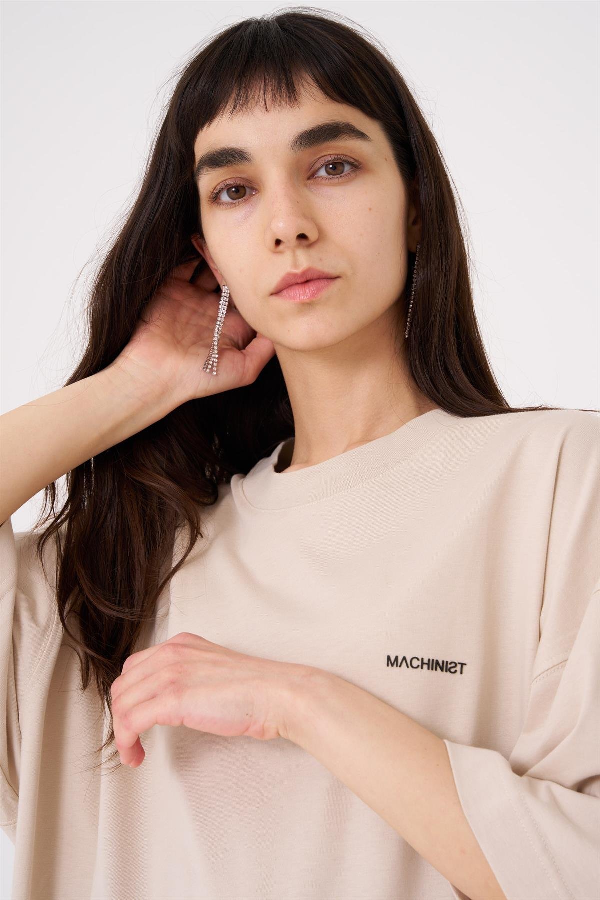 Kadın Oversize Basic Pamuklu T-Shirt Açık Bej