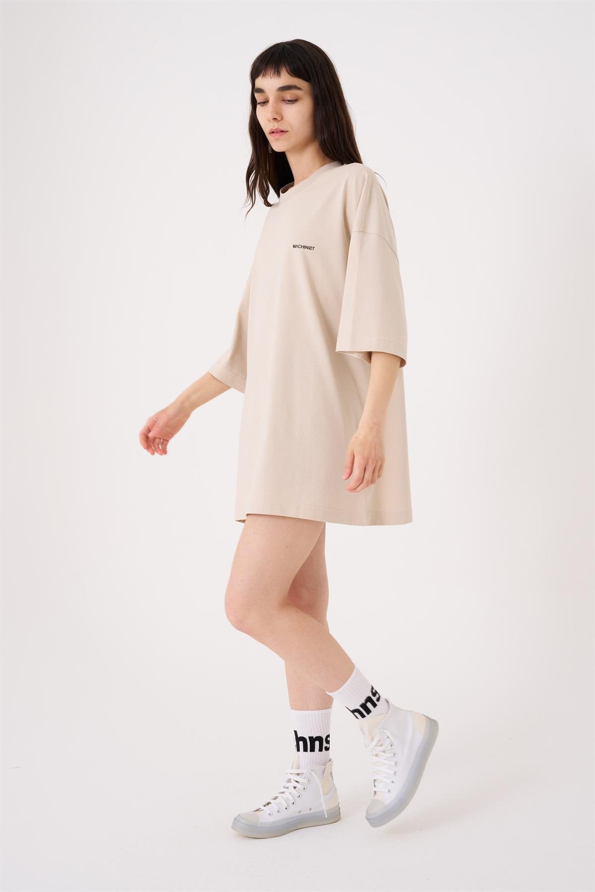 Kadın Oversize Basic Pamuklu T-Shirt Açık Bej