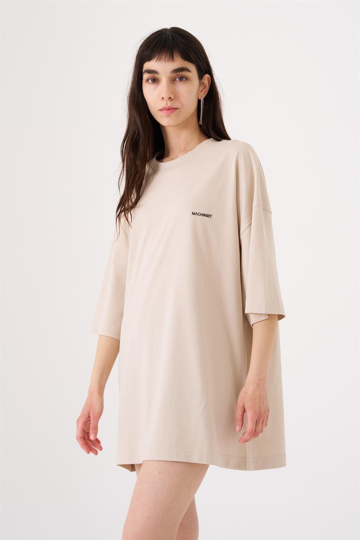 Kadın Oversize Basic Pamuklu T-Shirt Açık Bej