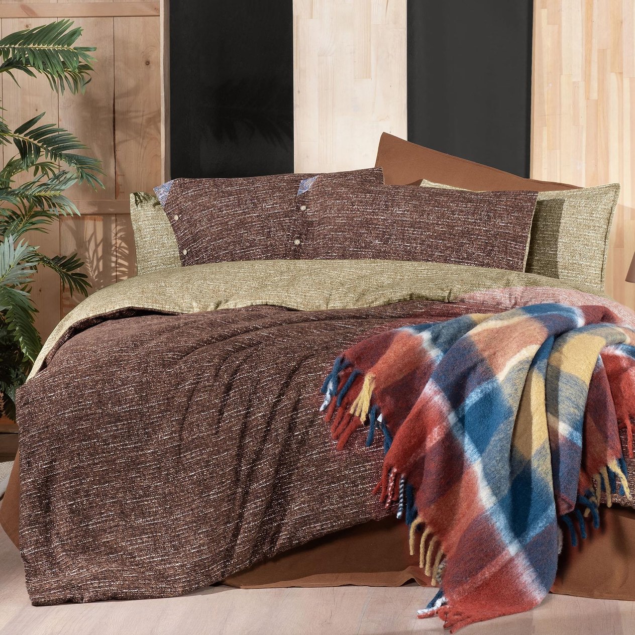 Glamis King Size (Battal Boy) %100 Pamuk Flanel (Pazen) Nevresim Takımı Taba