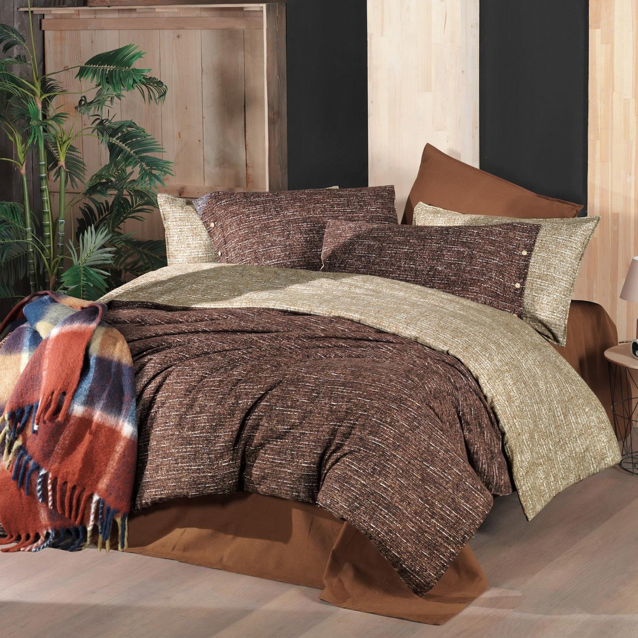Glamis King Size (Battal Boy) %100 Pamuk Flanel (Pazen) Nevresim Takımı Taba