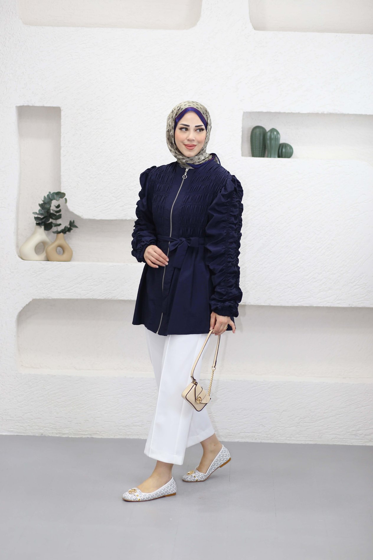 Büzgülü Fermuarlı Ceket Lacivert 7079