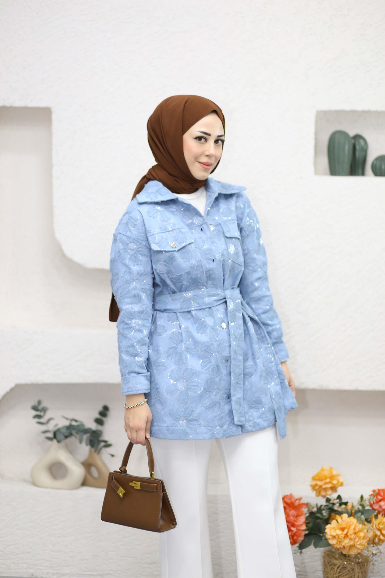 Çiçek Pulu Denim Ceket Açık Mavi 4221
