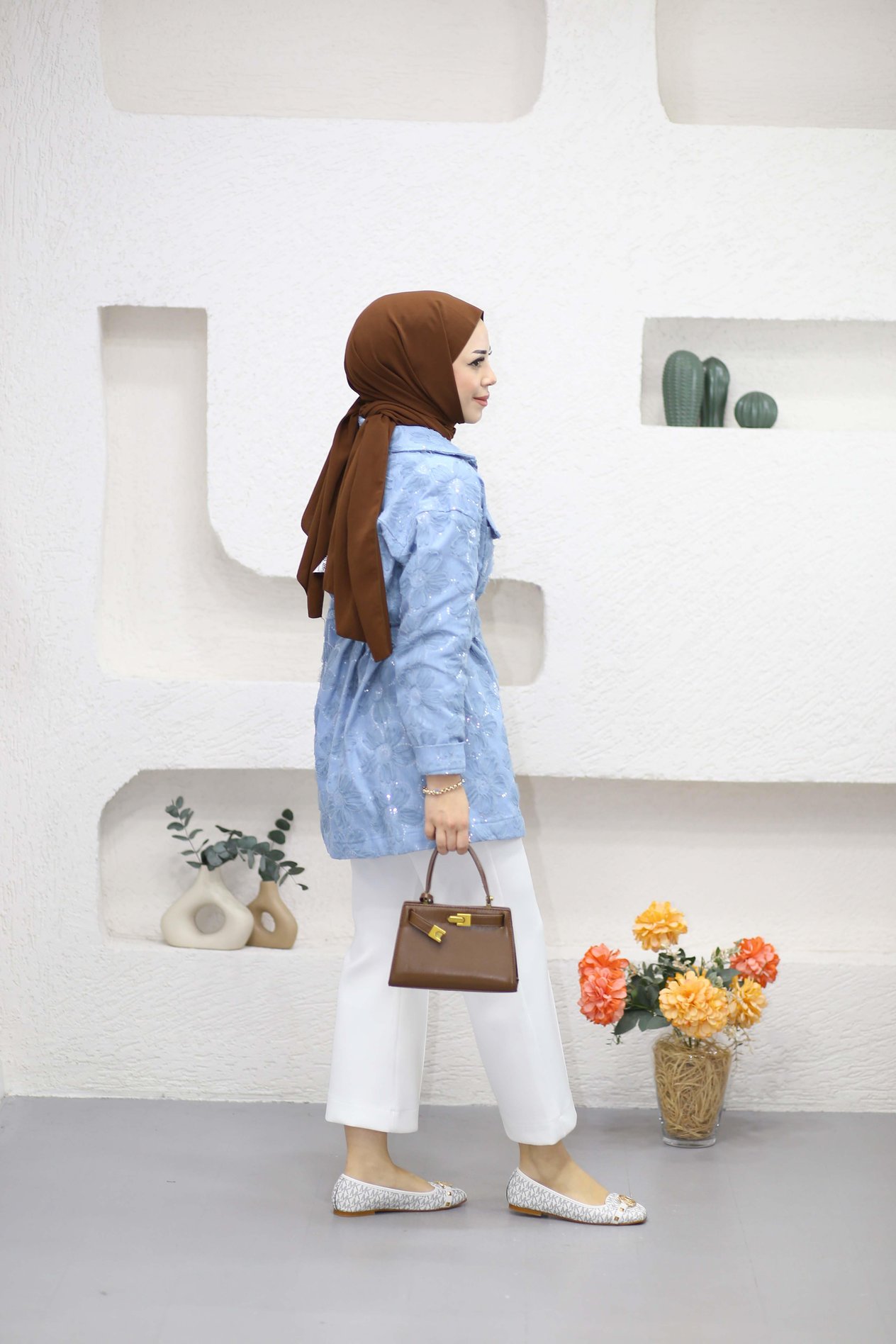 Çiçek Pulu Denim Ceket Açık Mavi 4221
