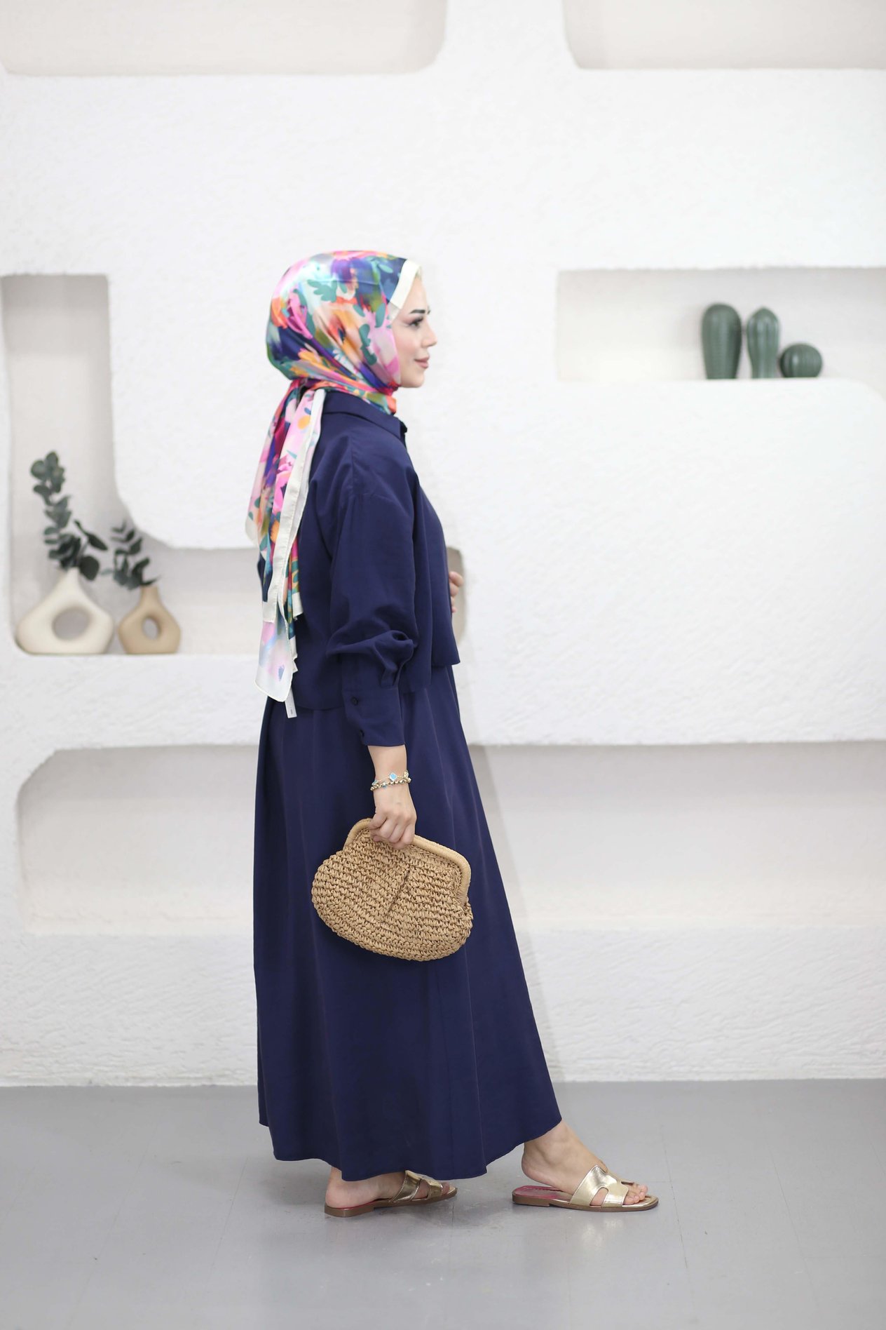 Beli Kuşaklı İkili Elbise Lacivert 2770