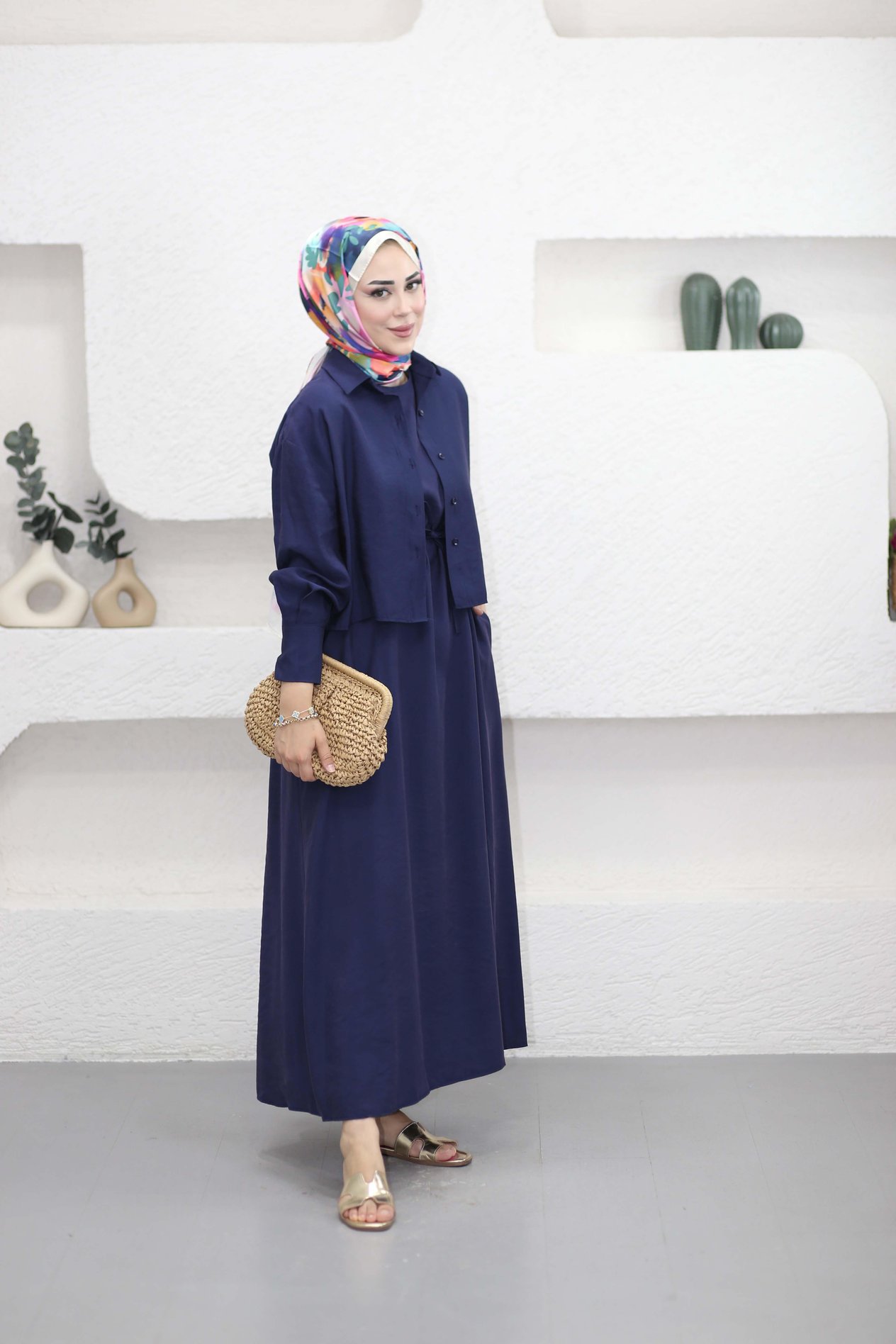 Beli Kuşaklı İkili Elbise Lacivert 2770