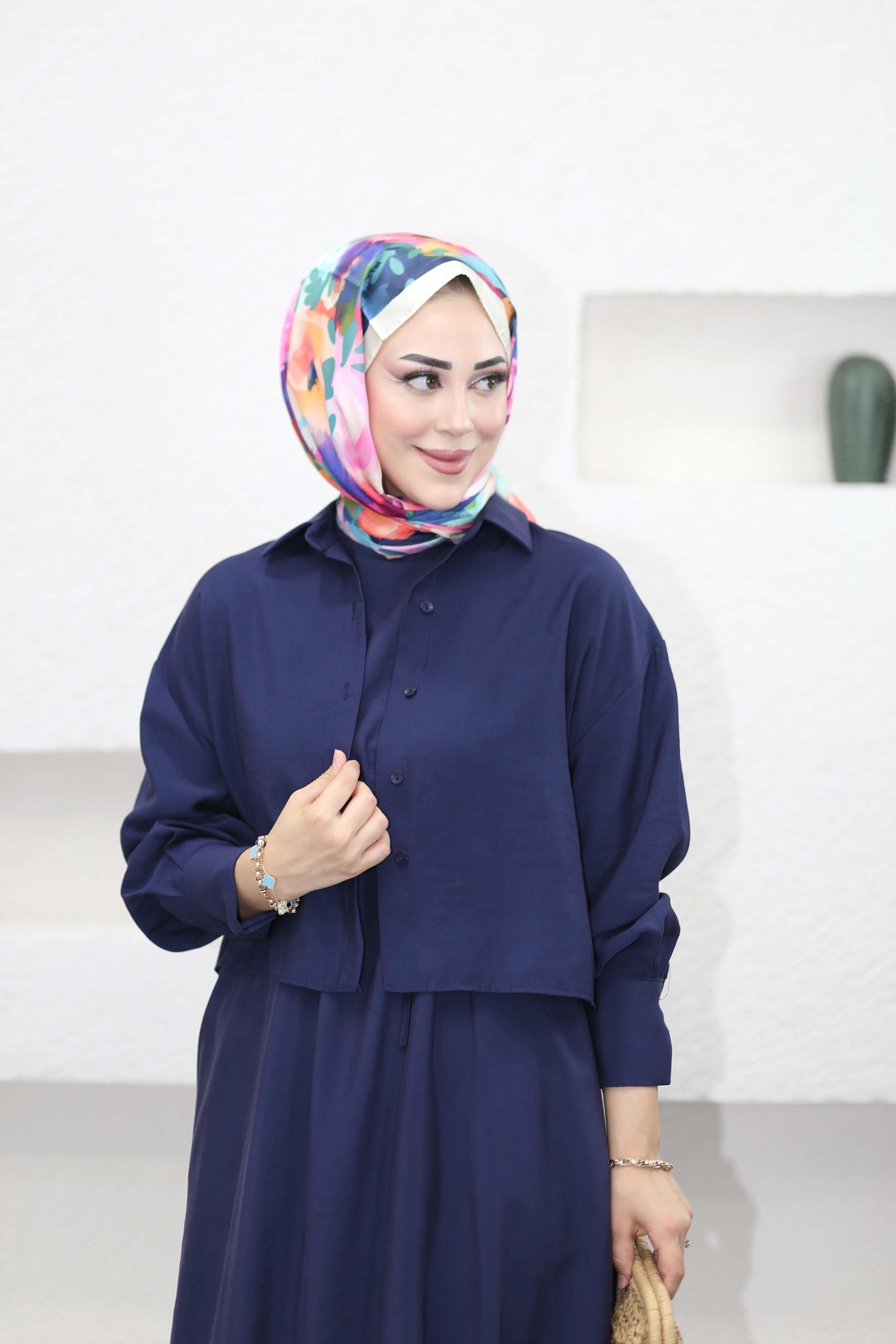 Beli Kuşaklı İkili Elbise Lacivert 2770