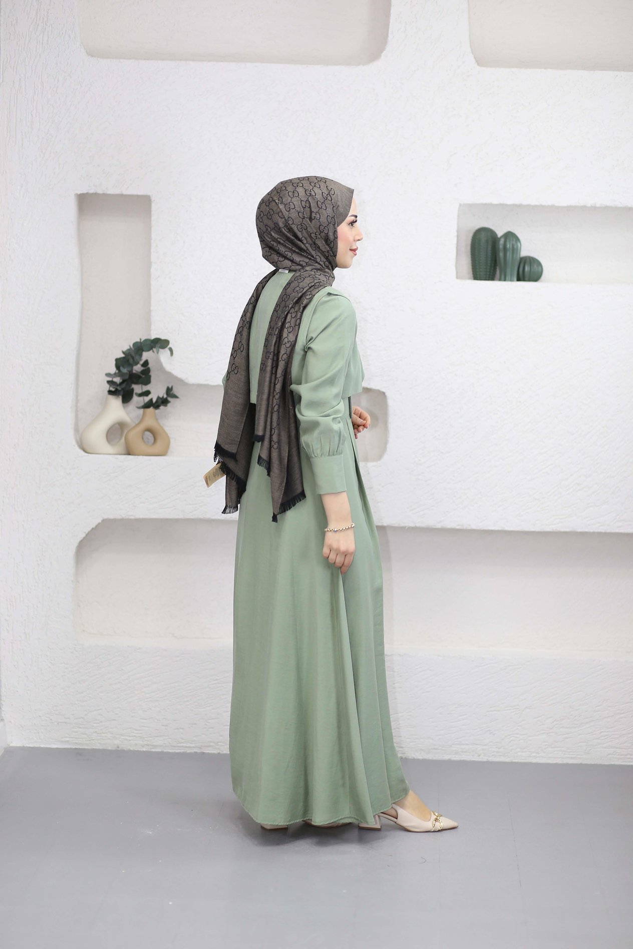 Yelekli Düğmeli Elbise Çağla Yeşili 1589