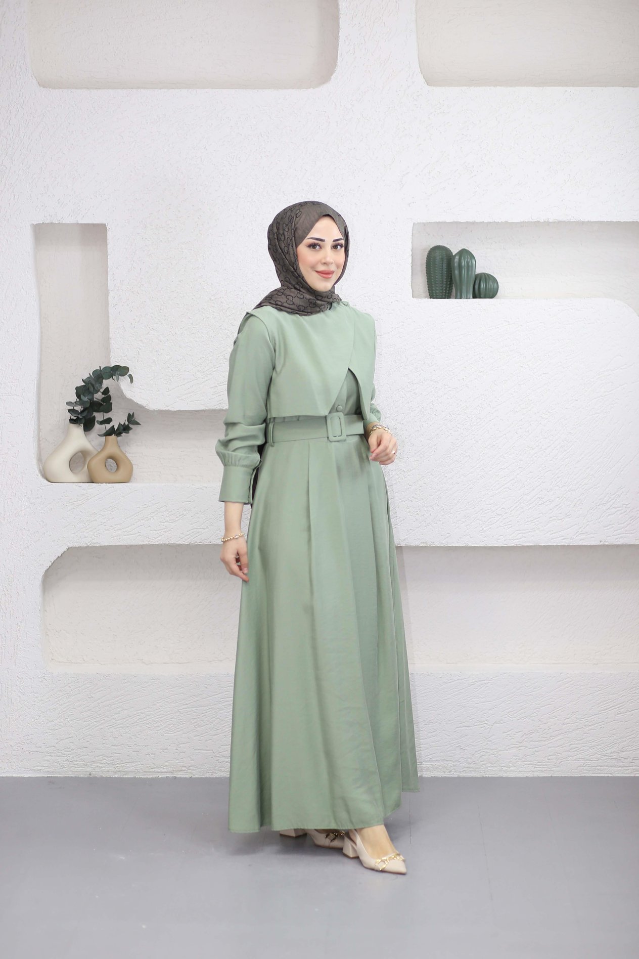 Yelekli Düğmeli Elbise Çağla Yeşili 1589