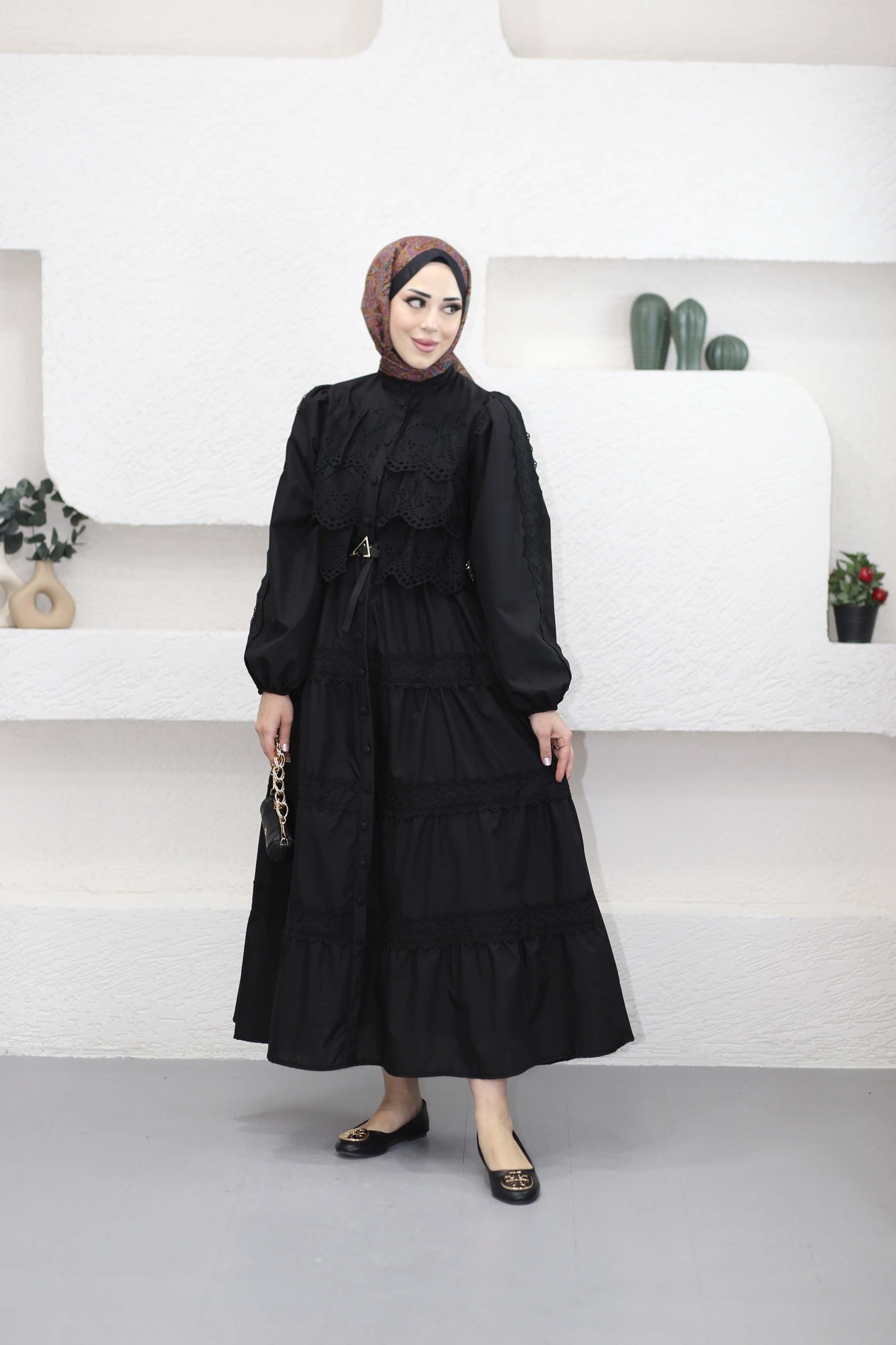 Güpürlü Dantelli Elbise Siyah 6594