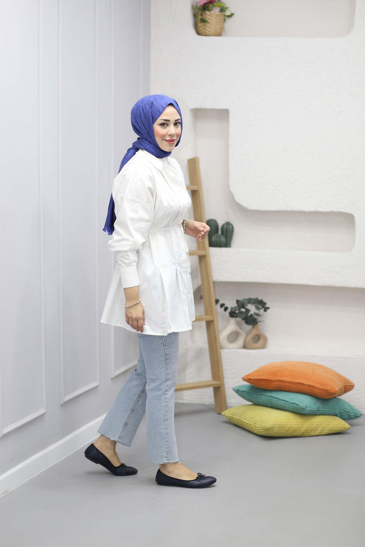 Pileli Düğmeli Gömlek Beyaz 6436