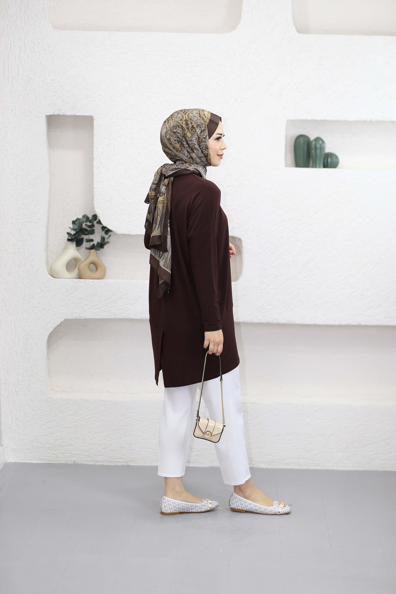 V Pile Tunik Kahverengi 1280