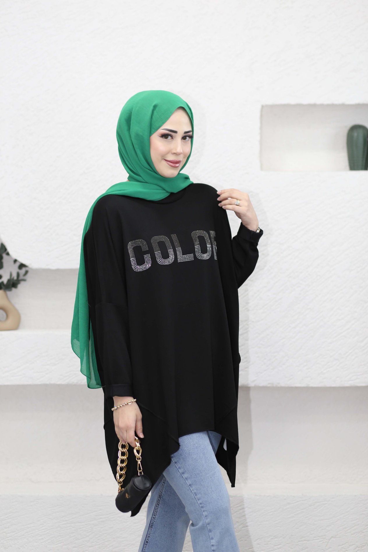 Color Taşlı Sweat Siyah 5686
