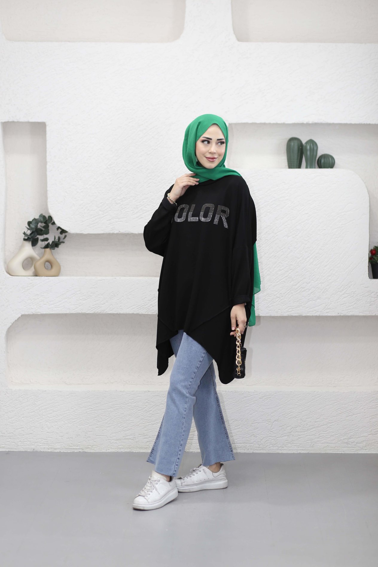 Color Taşlı Sweat Siyah 5686