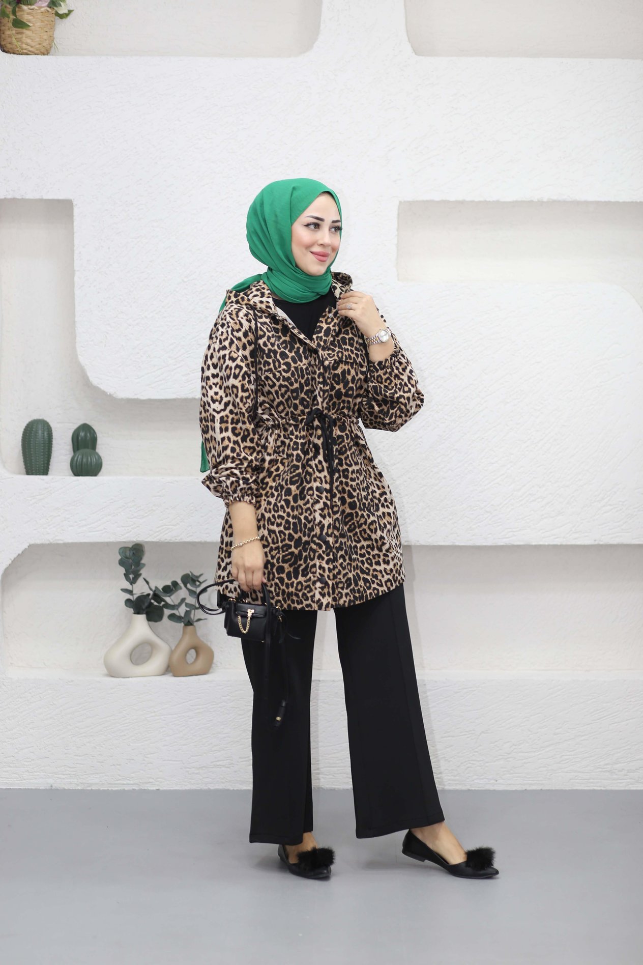 Beli Büzgülü Trençkot Leopar Desen 1012