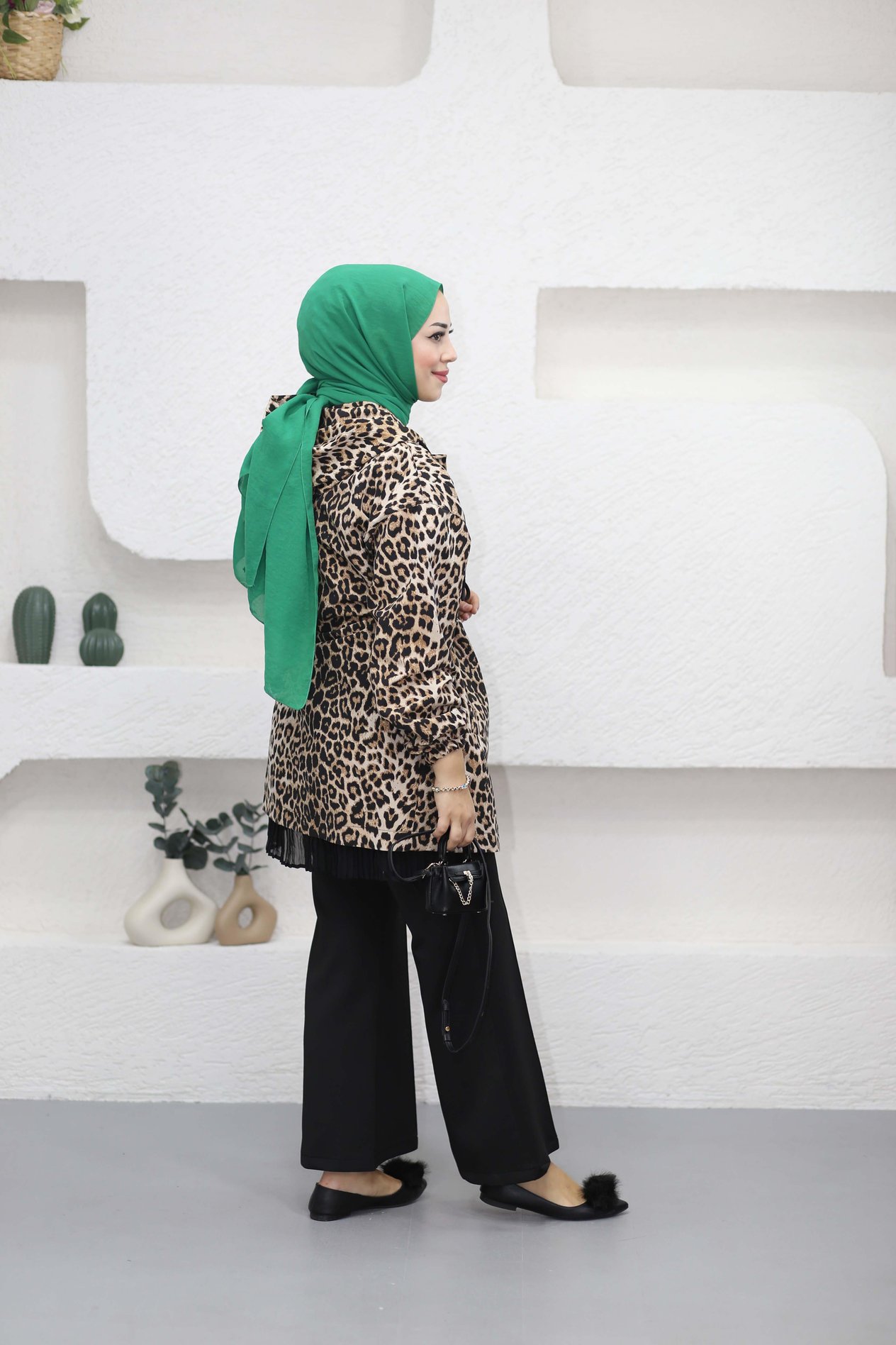 Beli Büzgülü Trençkot Leopar Desen 1012