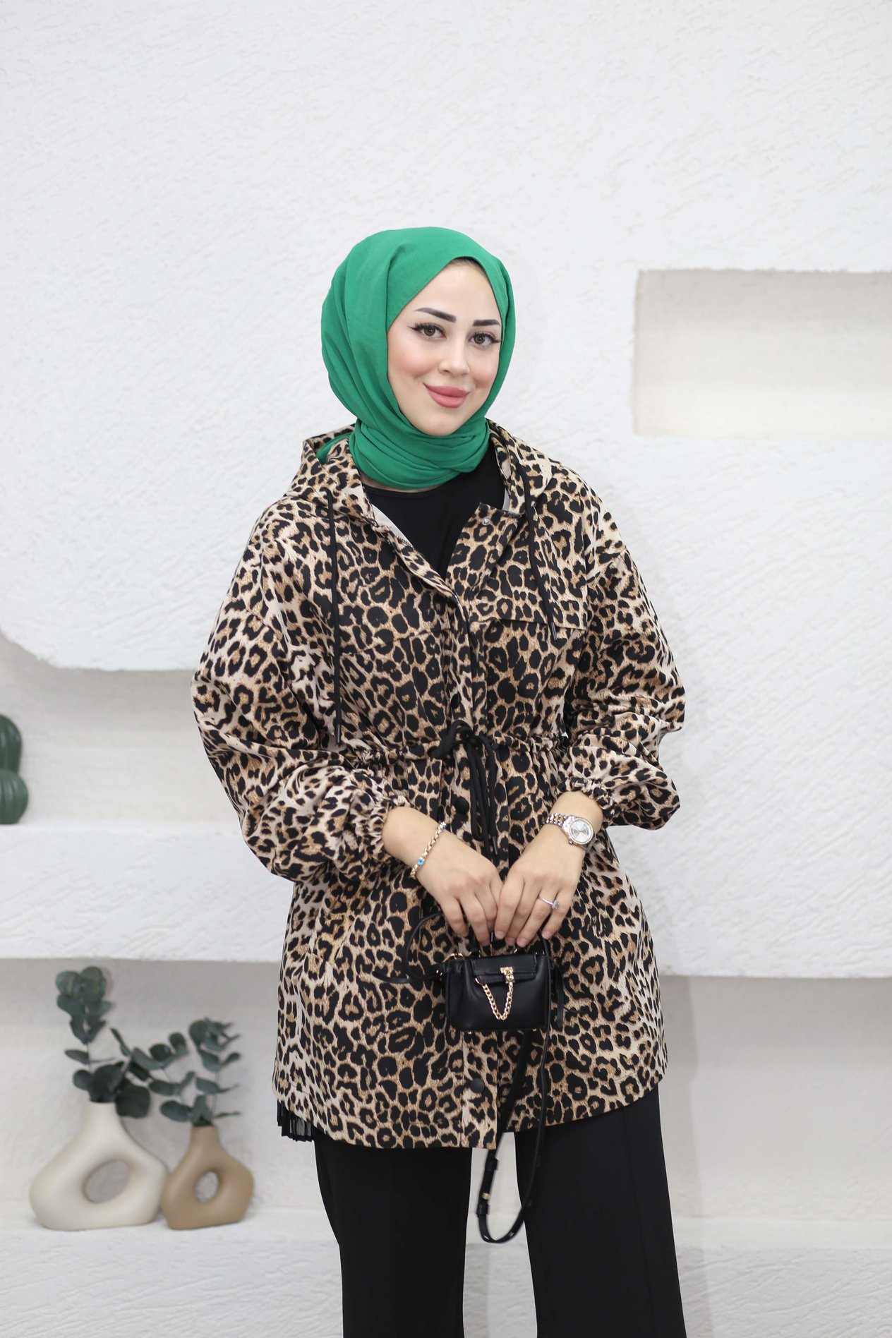 Beli Büzgülü Trençkot Leopar Desen 1012