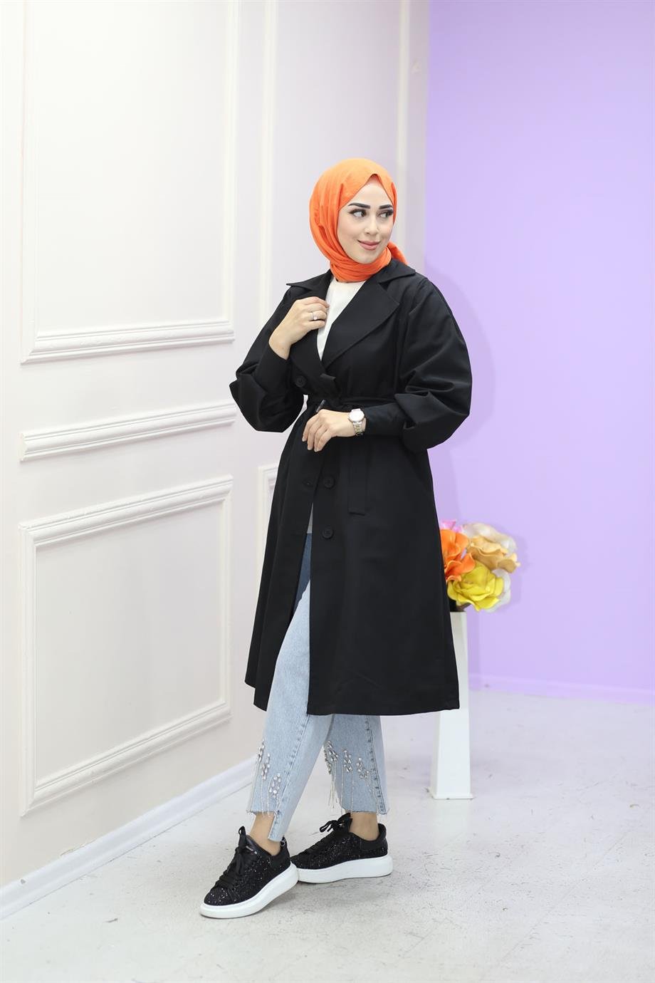 Düğmeli Araboy Trenç Siyah 2000