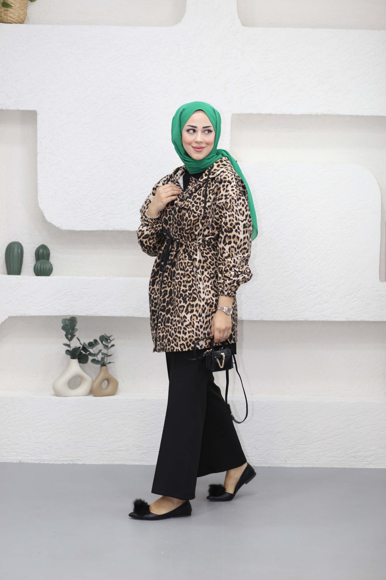 Beli Büzgülü Trençkot Leopar Desen 1012