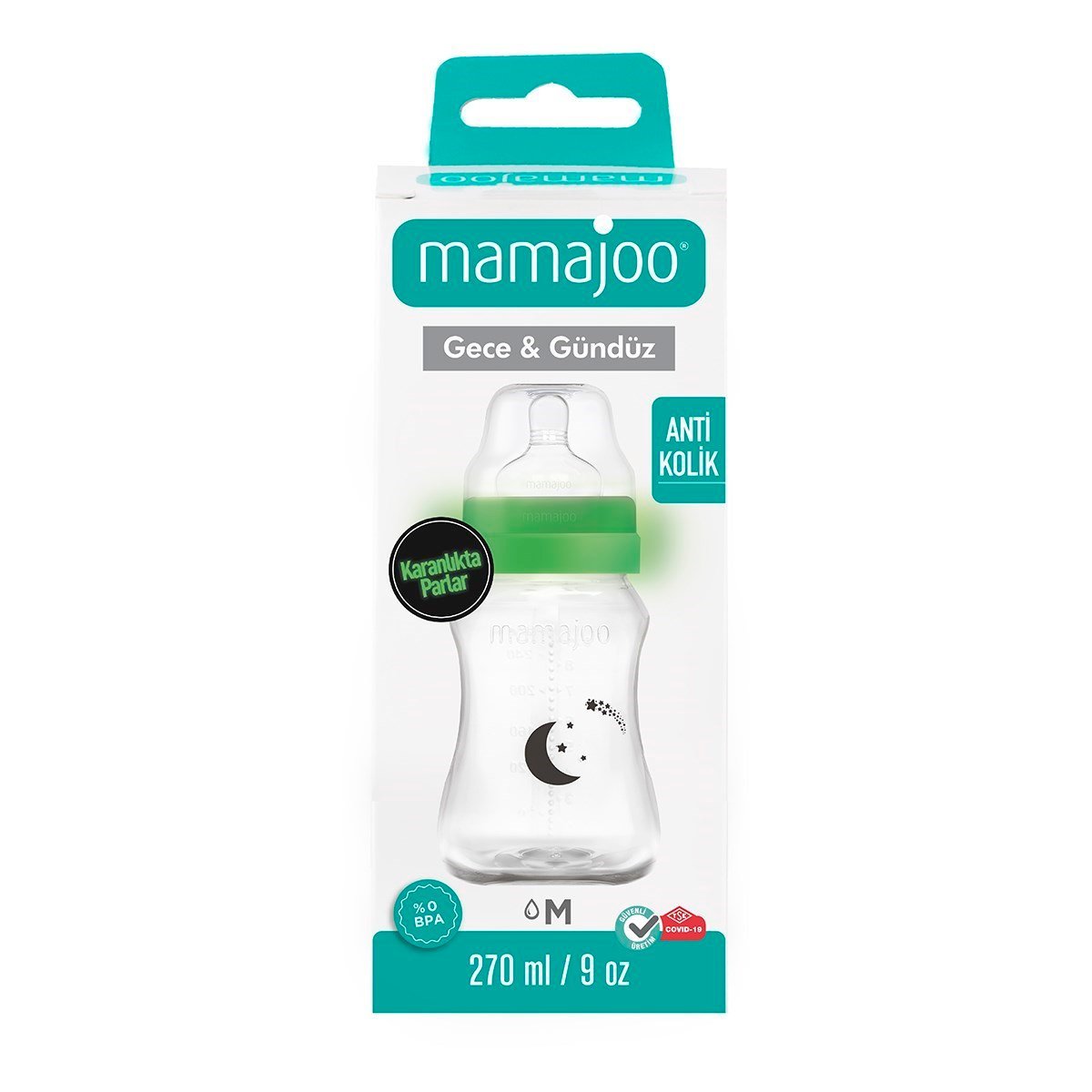 Mamajoo 1 x Gece & Gündüz Biberonu 270 ml & Anti-Kolik Biberon Emziği No:2 / M