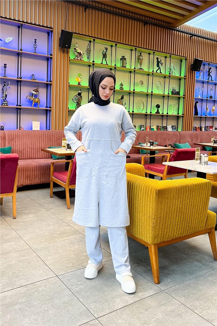 Önden İki Cepli Sade Basic Uzun Tunik Pantolon İkili Spor Takımı - 03067.008 - Gri-BWEST