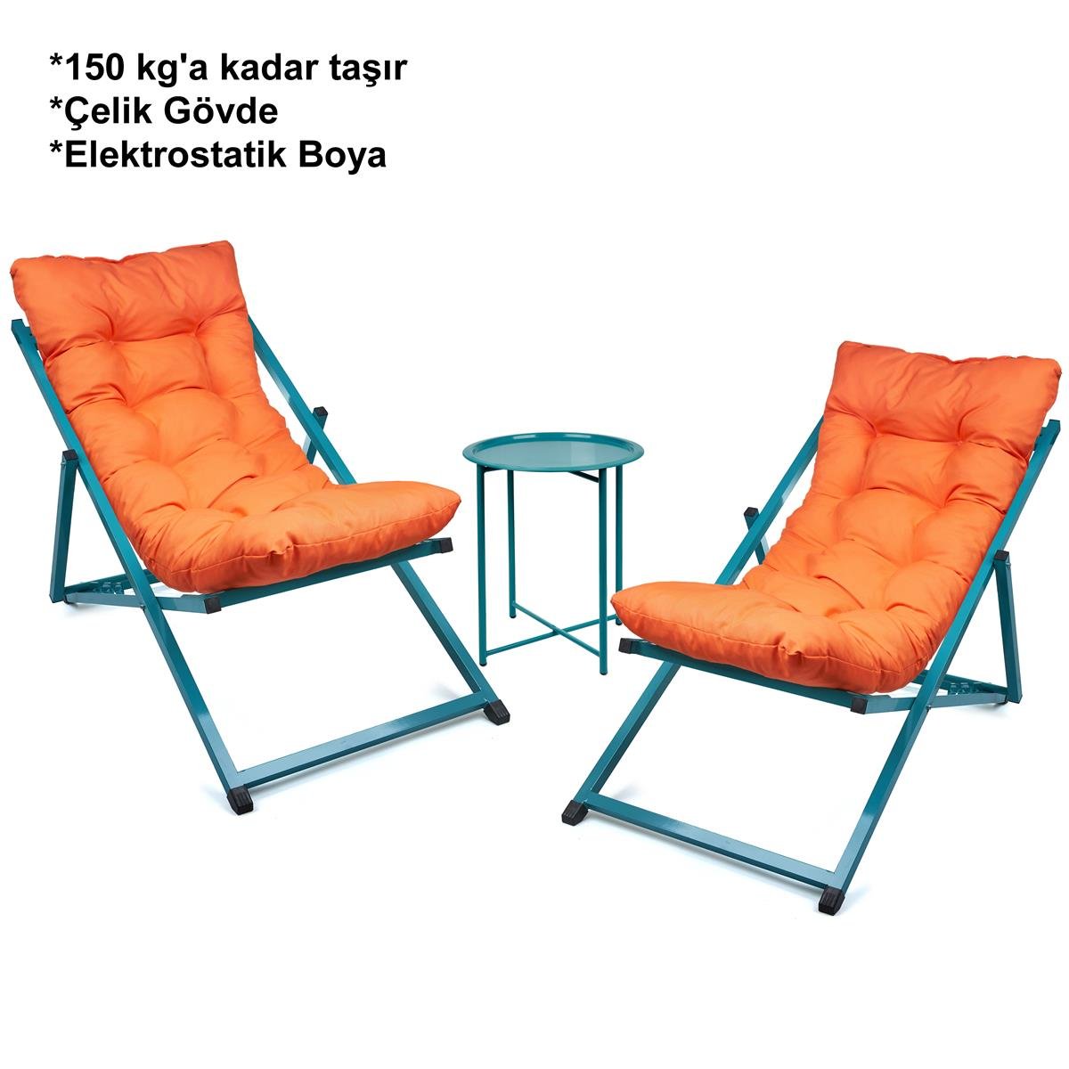 Minderli - Zeta Şezlong Seti Bahçe&balkon&teras&plaj Katlanır Ikili Set - 2 Şezlong 1 Sehpa Renkli 