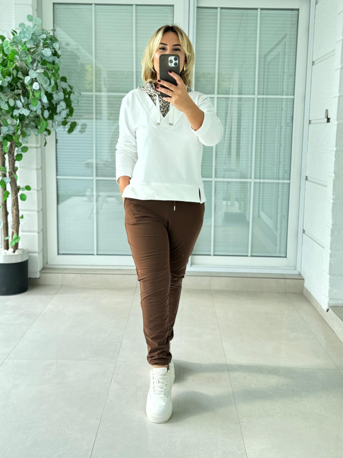 LEOPAR DETAY KAPİŞONLU EKRU SWEAT