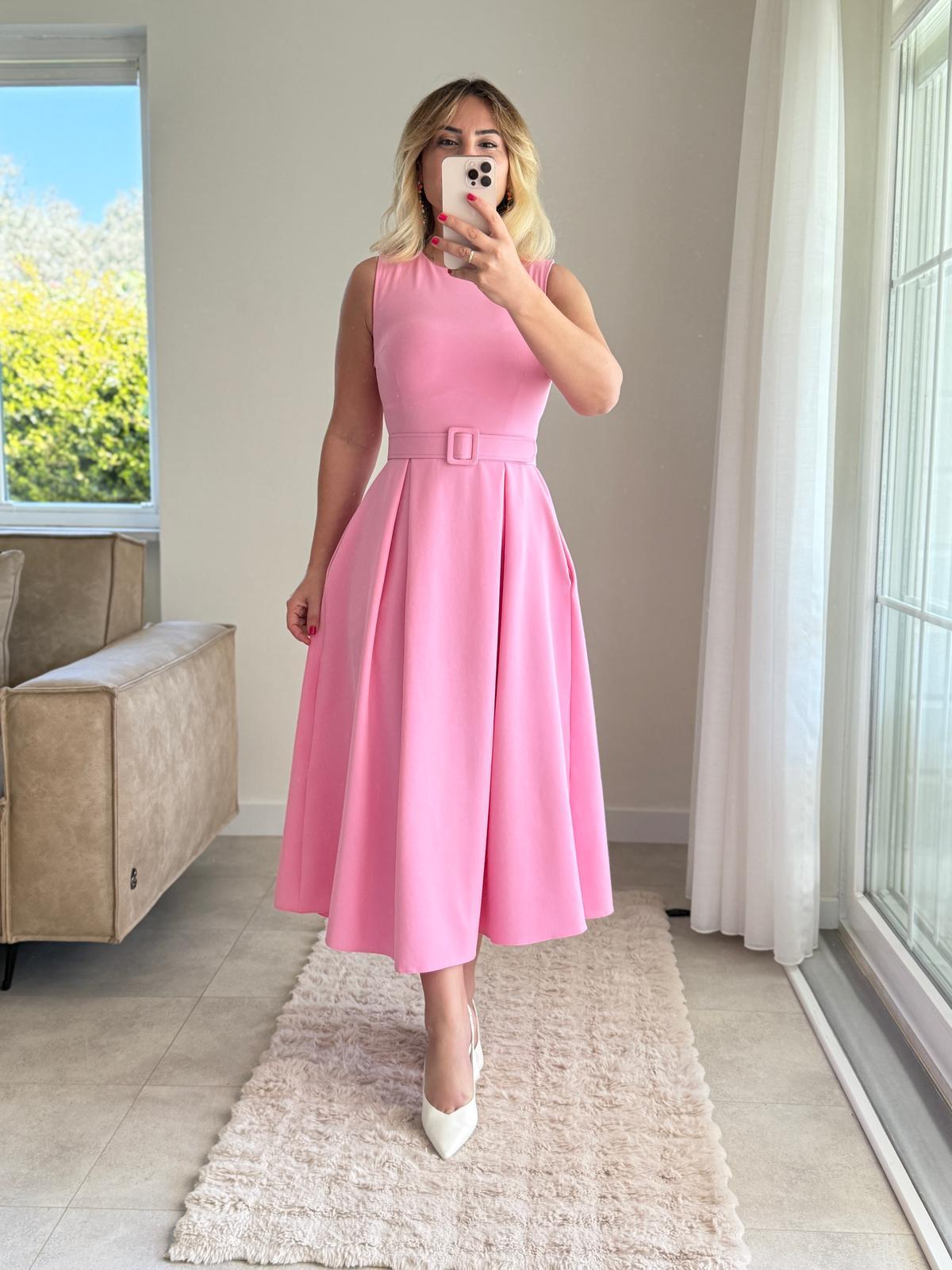 PEMBE HALTER YAKA KİLOŞ ELBİSE