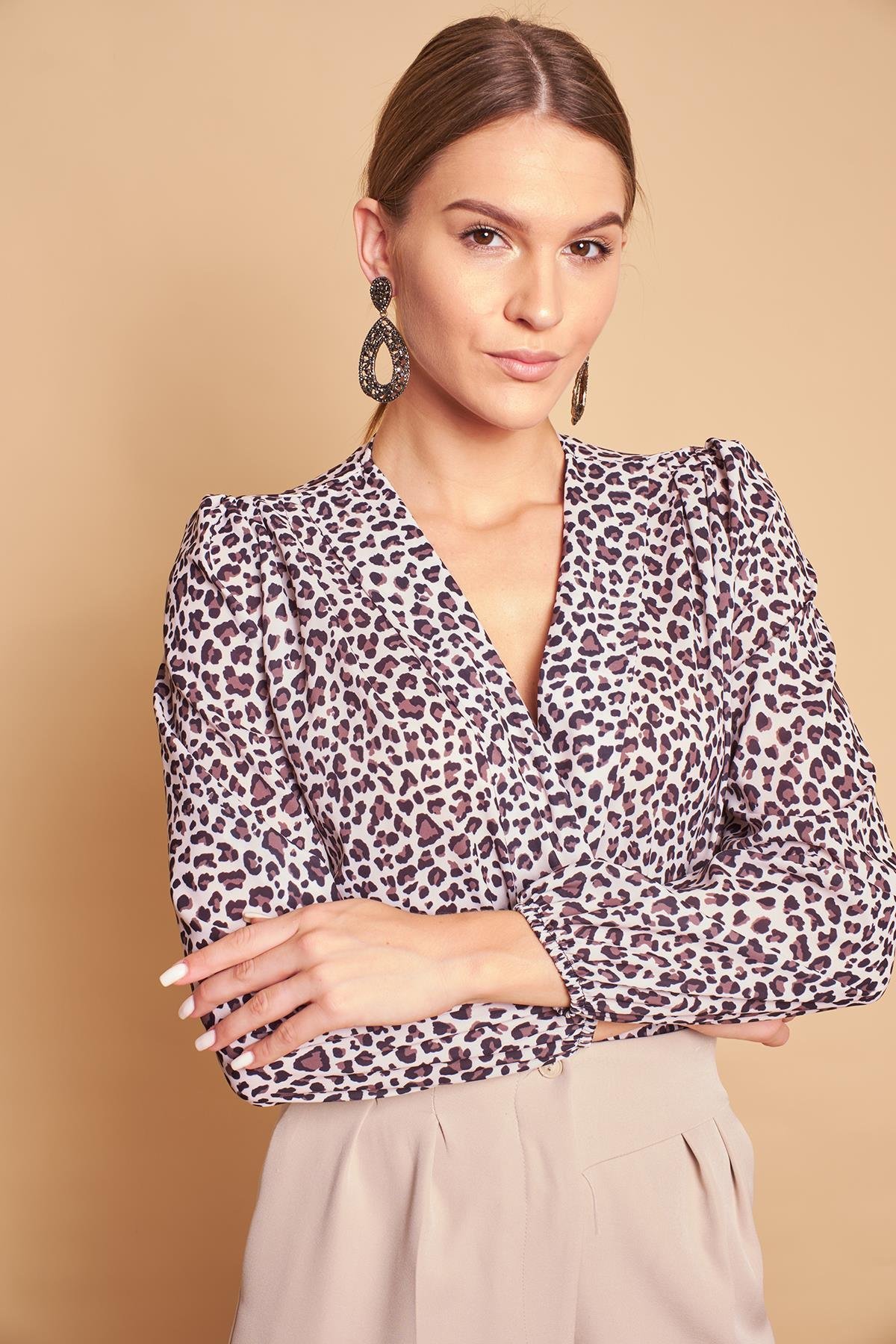 JUMENTkadın desenli anvelop kruvaze bodysuit bluz