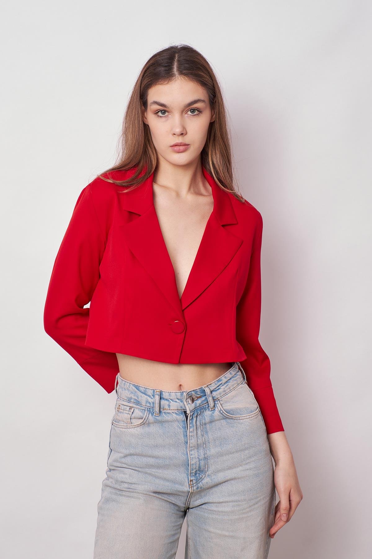 JUMENTkadın kruvaze anvelop crop blazer ceket