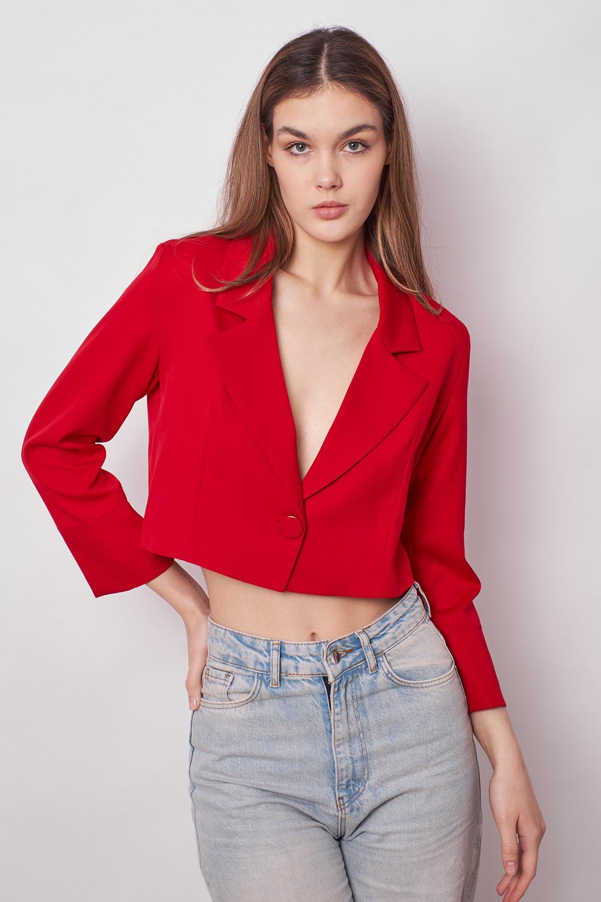JUMENTkadın kruvaze anvelop crop blazer ceket