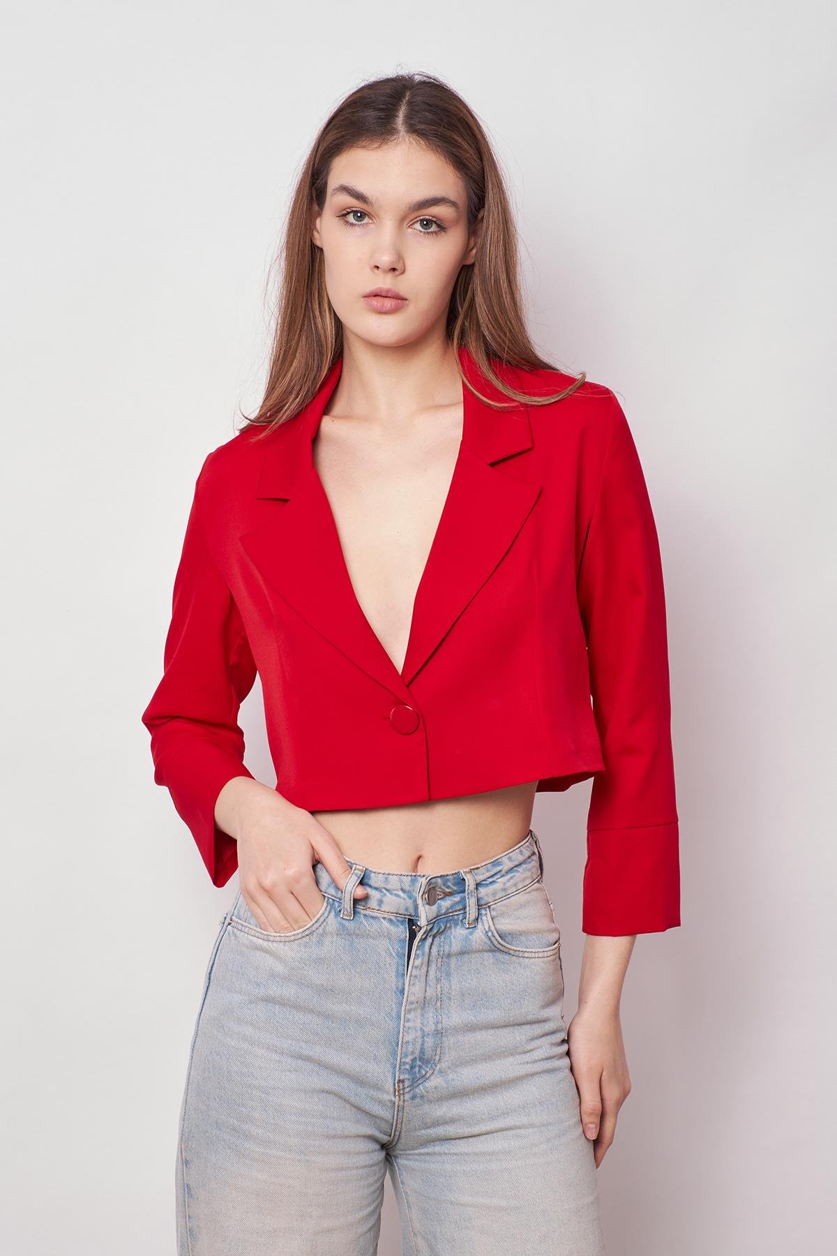 JUMENTkadın kruvaze anvelop crop blazer ceket