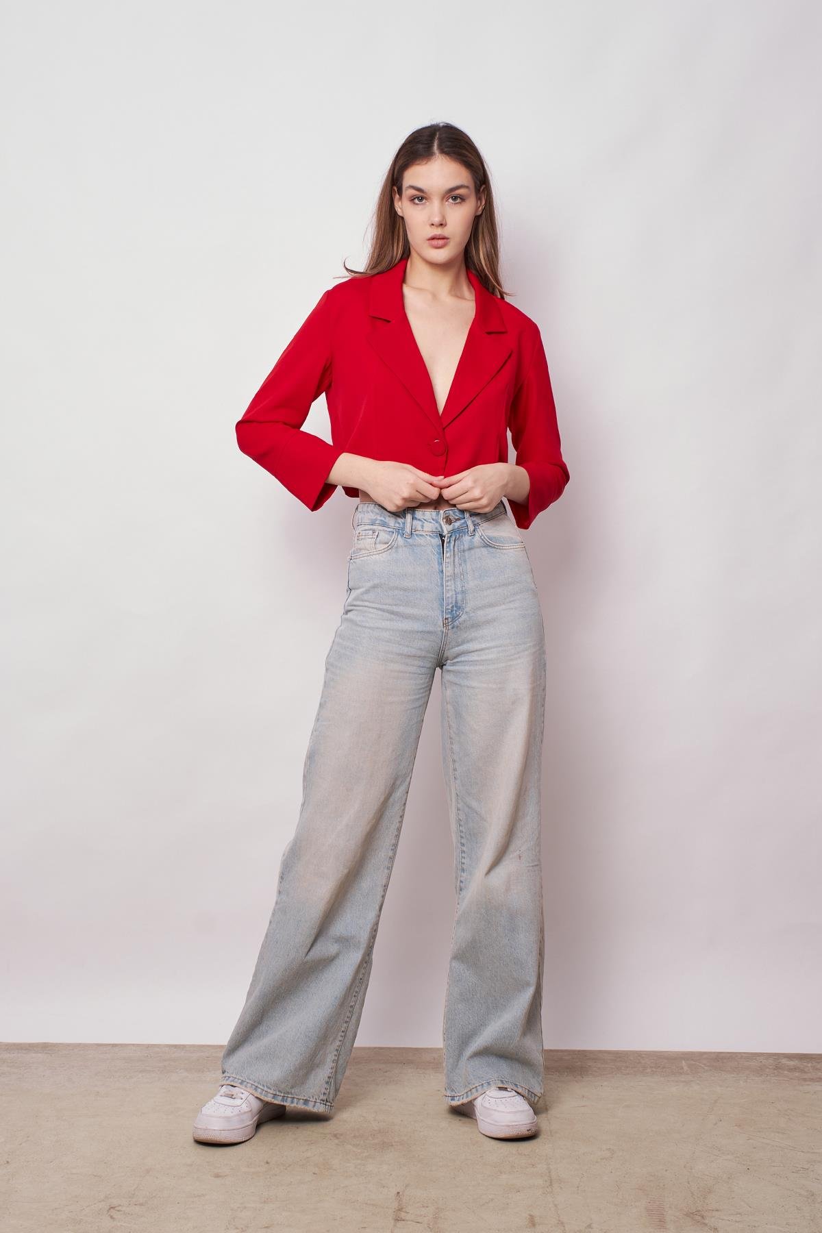 JUMENTkadın kruvaze anvelop crop blazer ceket