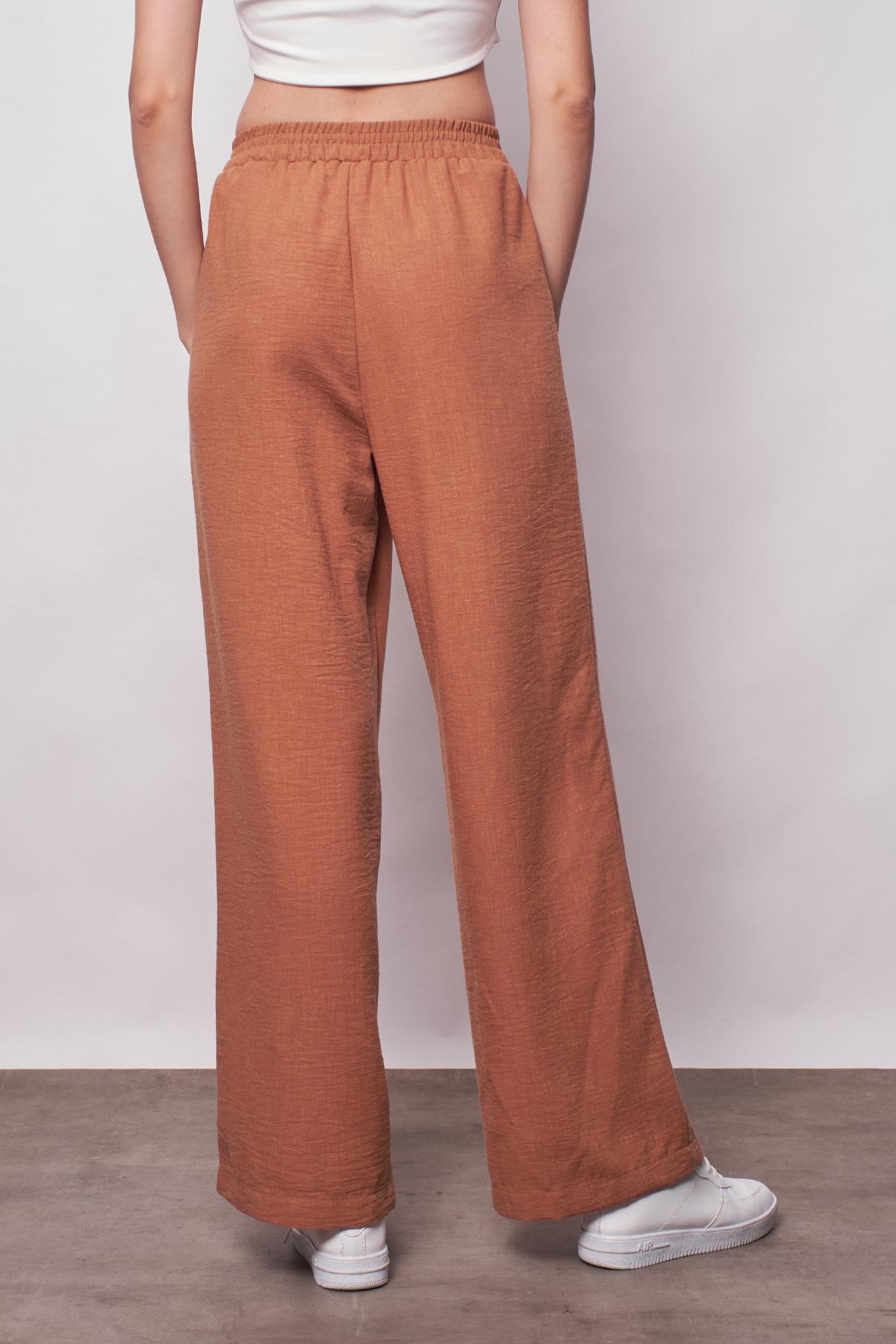 JUMENTKeten Yüksek Bel Beli Lastikli Yan Cepli Bol Paça Pantolon -Camel 