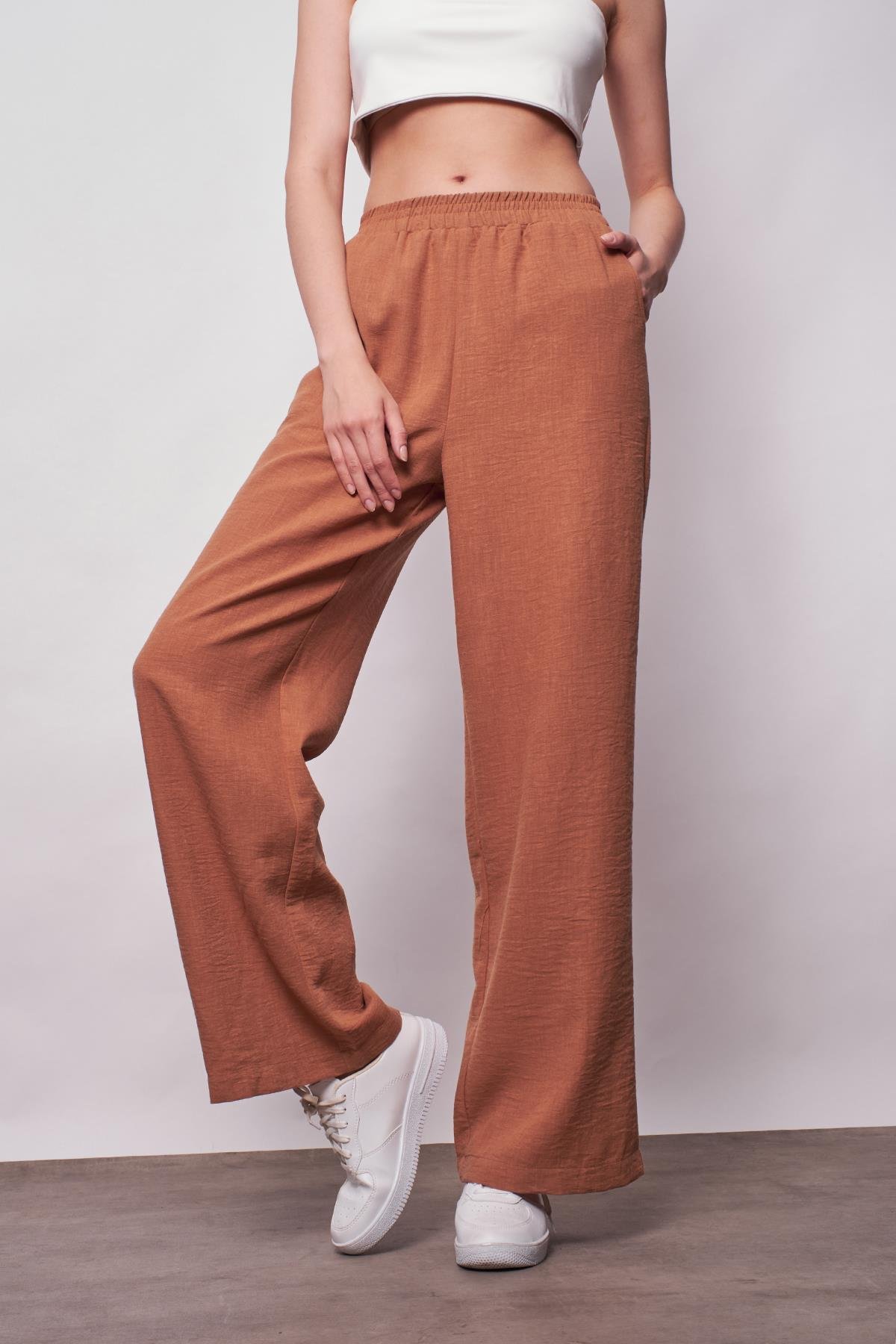 JUMENTKeten Yüksek Bel Beli Lastikli Yan Cepli Bol Paça Pantolon -Camel 