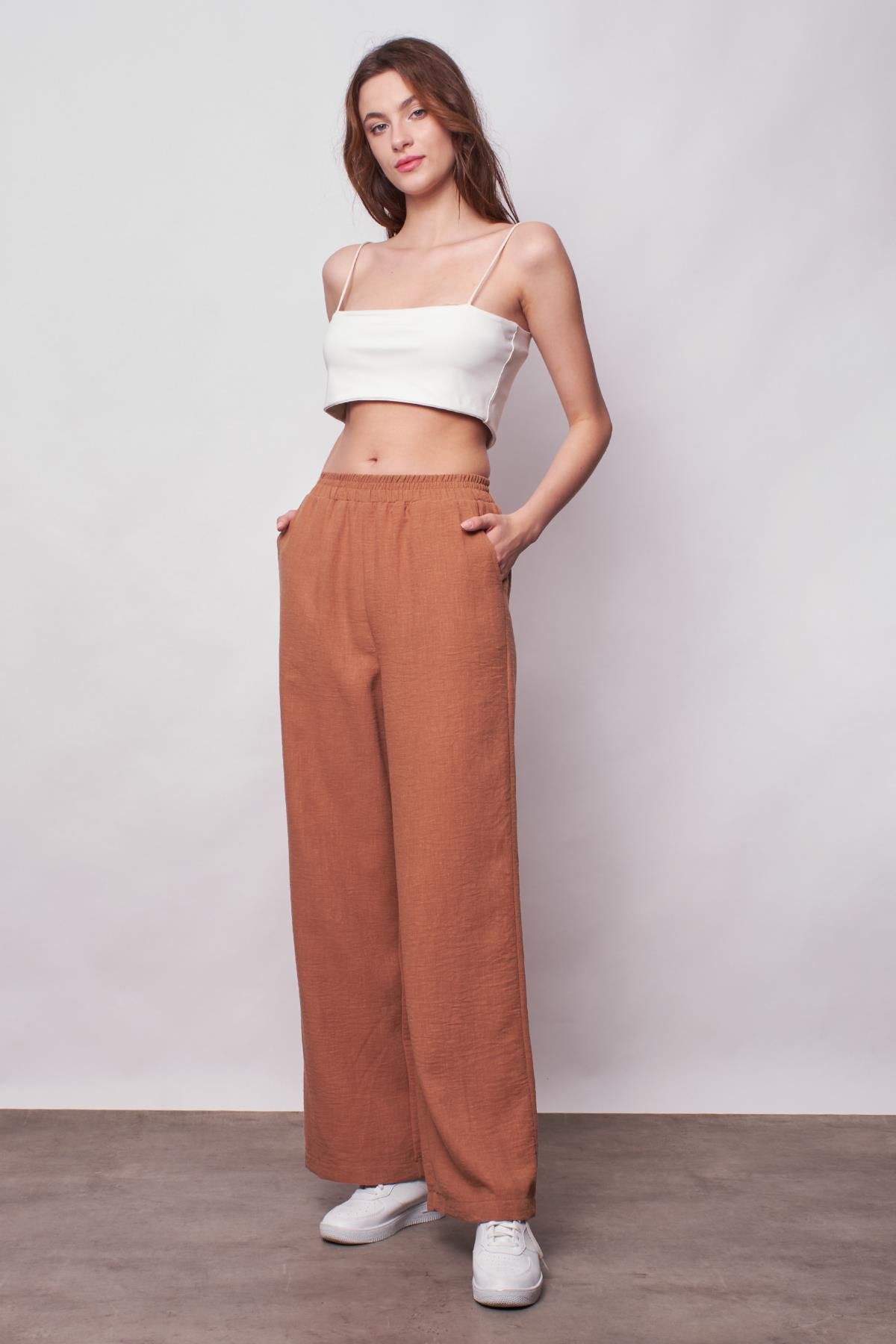 JUMENTKeten Yüksek Bel Beli Lastikli Yan Cepli Bol Paça Pantolon -Camel 