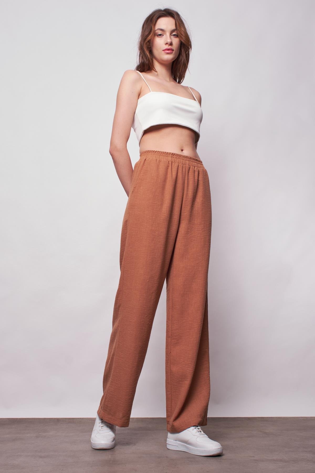 JUMENTKeten Yüksek Bel Beli Lastikli Yan Cepli Bol Paça Pantolon -Camel 