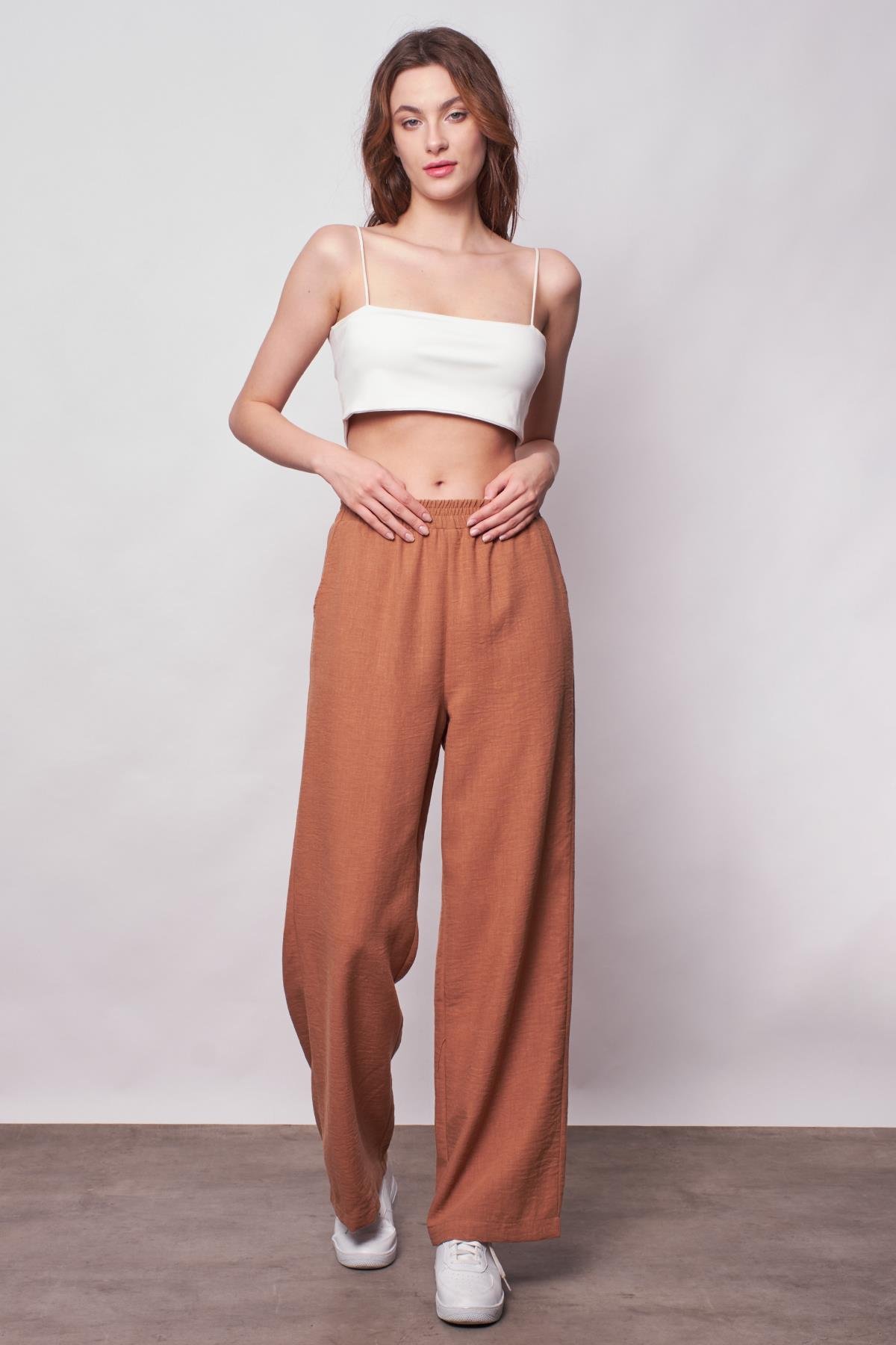 JUMENTKeten Yüksek Bel Beli Lastikli Yan Cepli Bol Paça Pantolon -Camel 