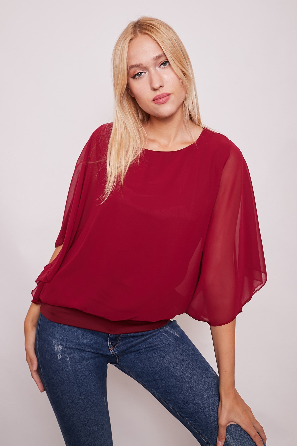 JUMENTŞifon Garnili Kayık Yaka Bluz - Bordo