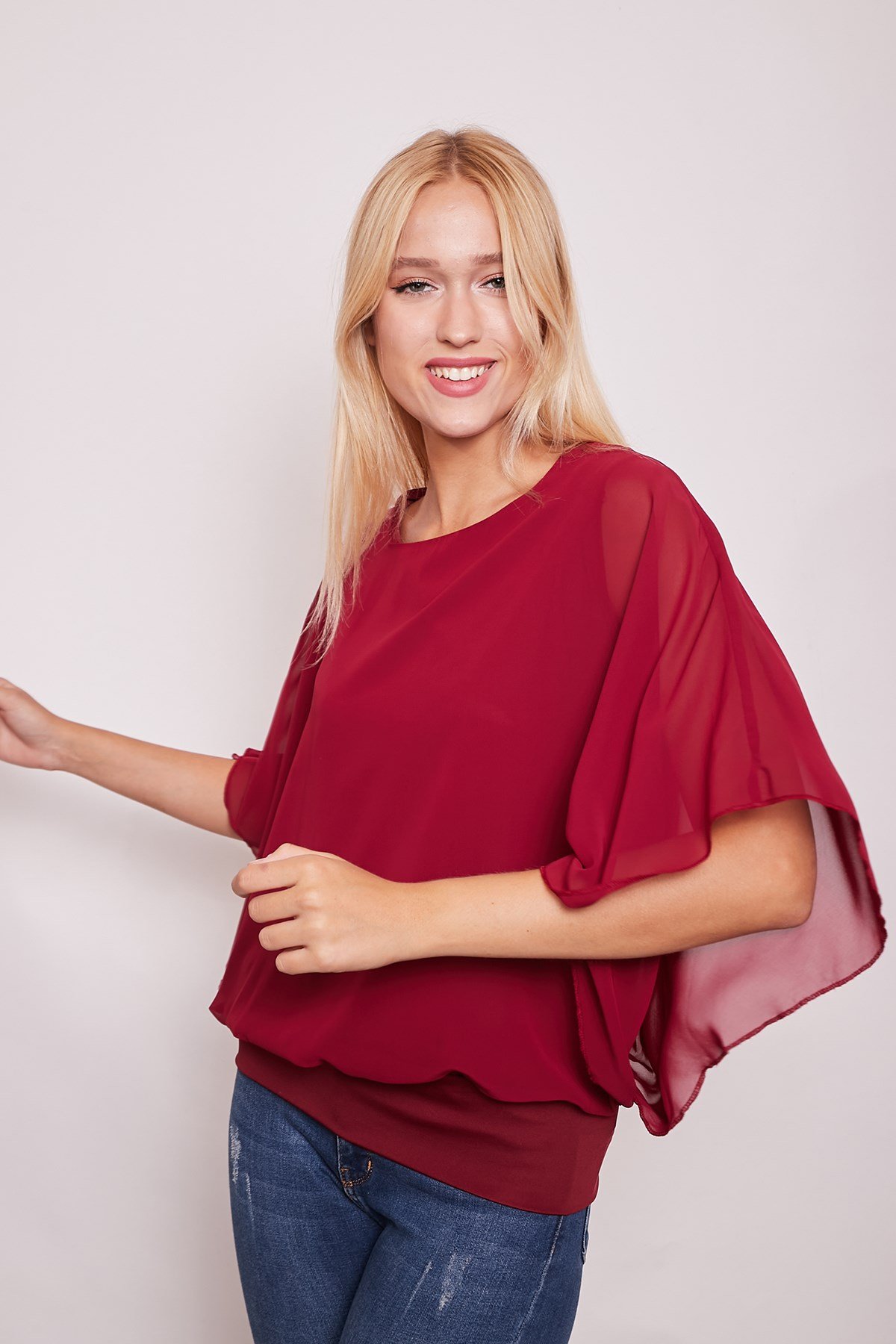 JUMENTŞifon Garnili Kayık Yaka Bluz - Bordo