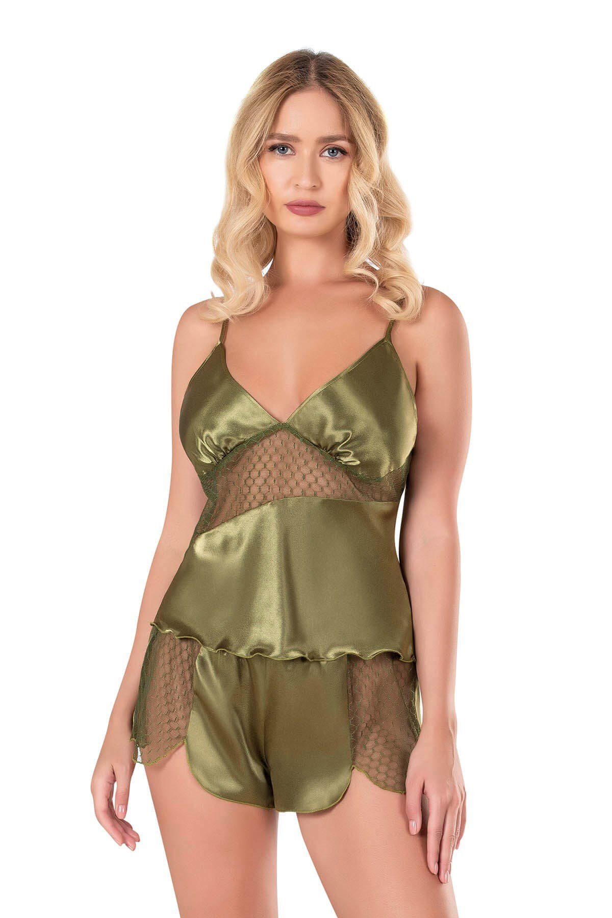 Primoda Haki Saten Babydoll Şort Takımı 9112