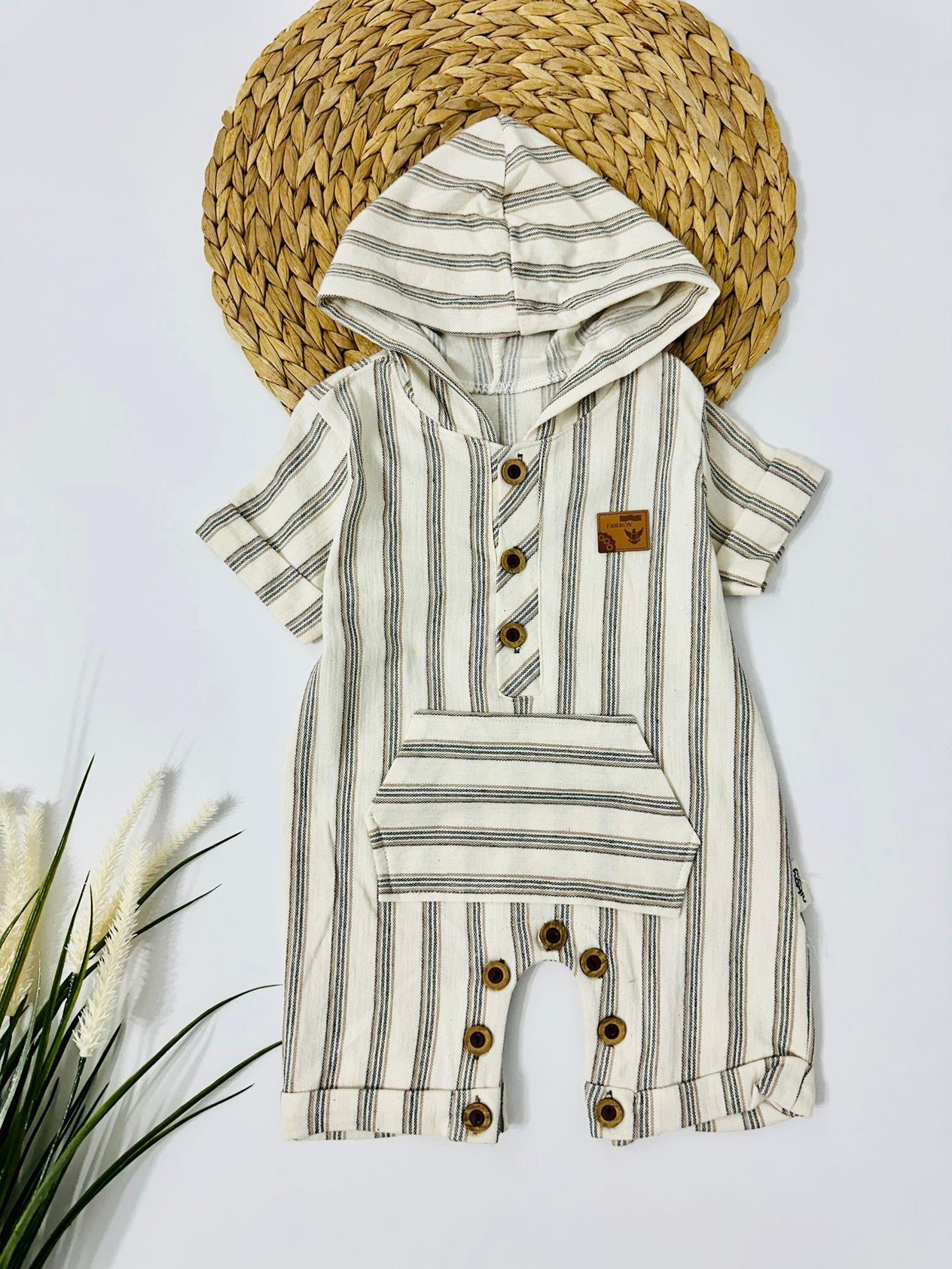 Fashion Kanguru Cepli Çizgili Kapüşonlu Yazlık Tulum-Kahverengi 